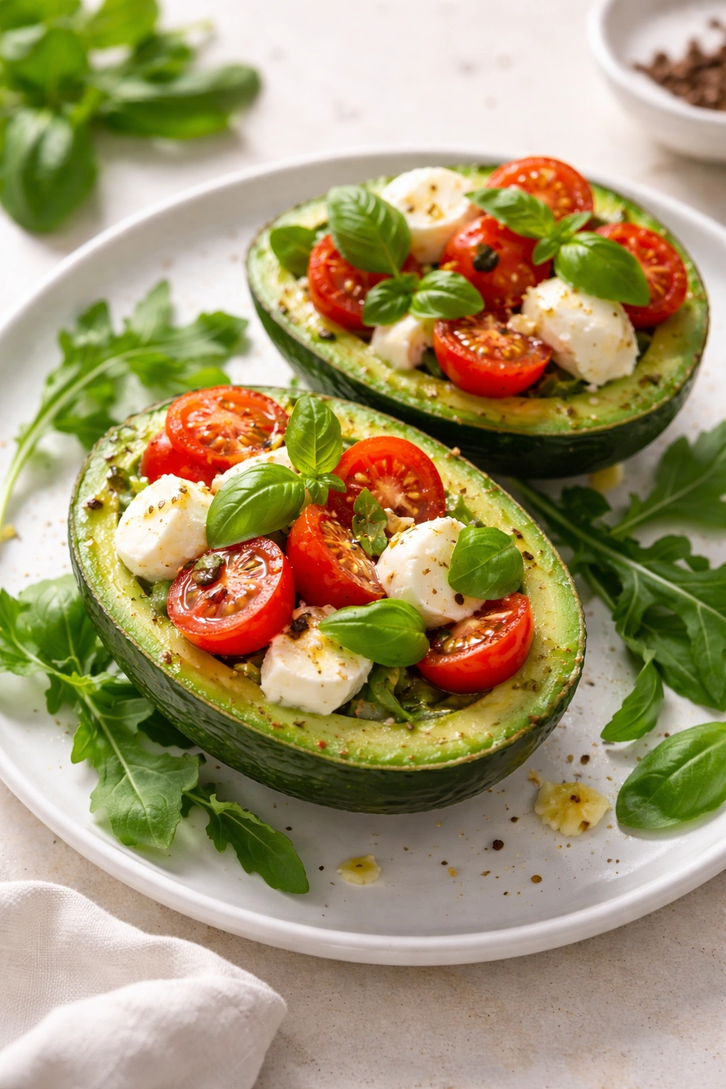 Caprese-inspired avocado with tomato mozzarella basil