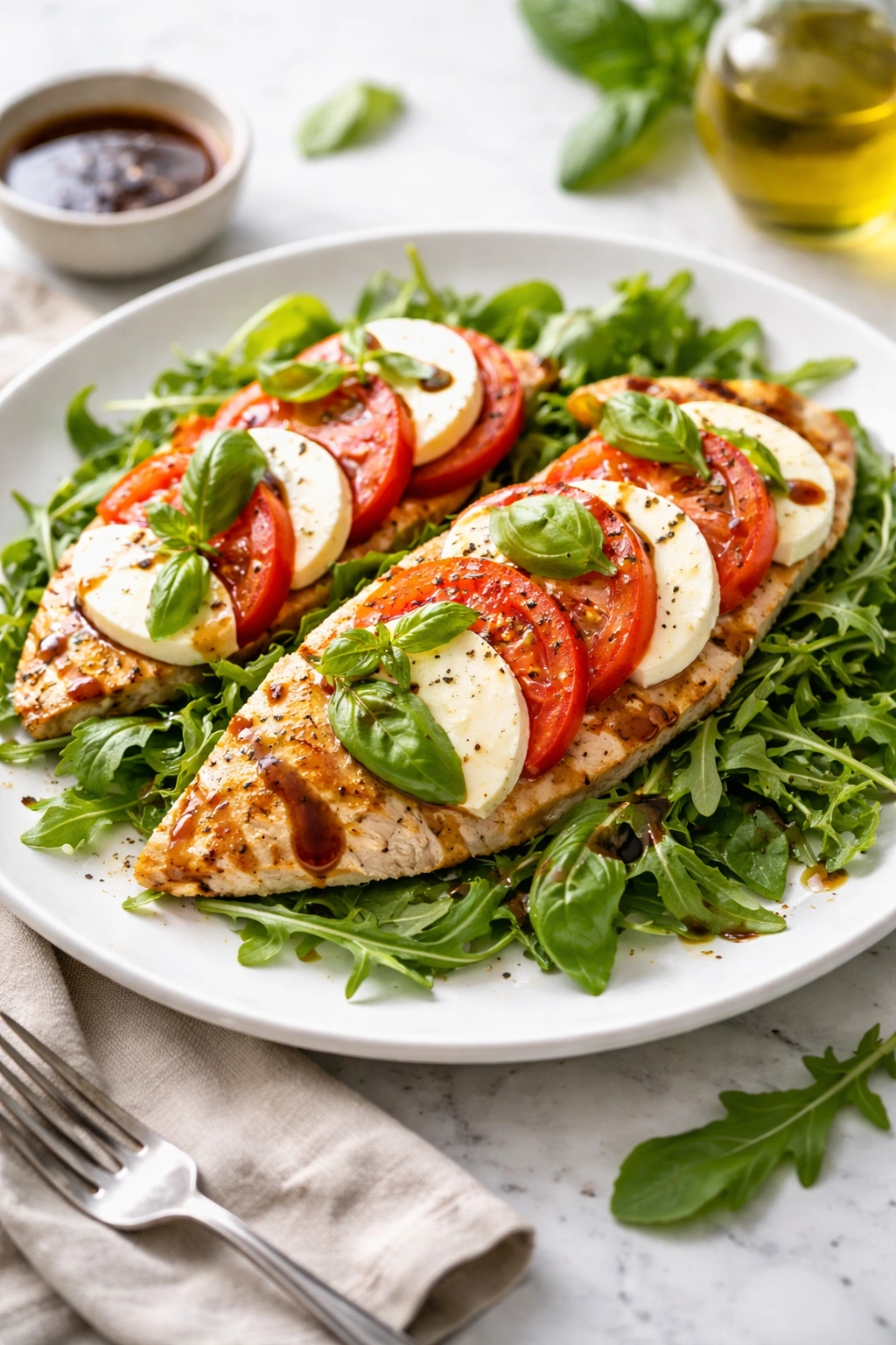 Caprese chicken with arugula plated with mozzarella and tomato