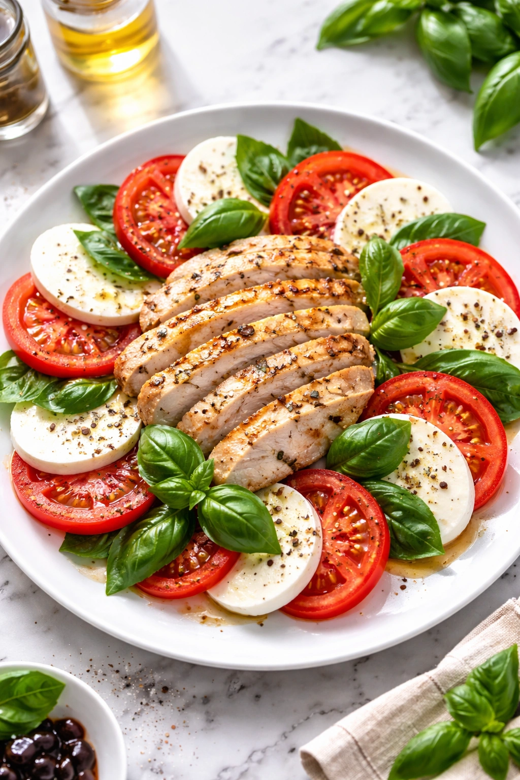 Caprese salad with grilled chicken on a white plate with tomato, mozzarella, basil