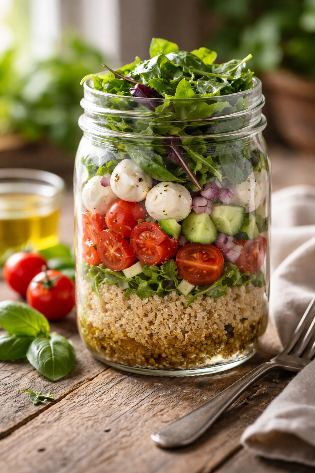 Caprese Grain Bowl Mason Jar Salad in a glass jar showing quinoa layers, tomatoes, mozzarella, cucumber, greens, basil