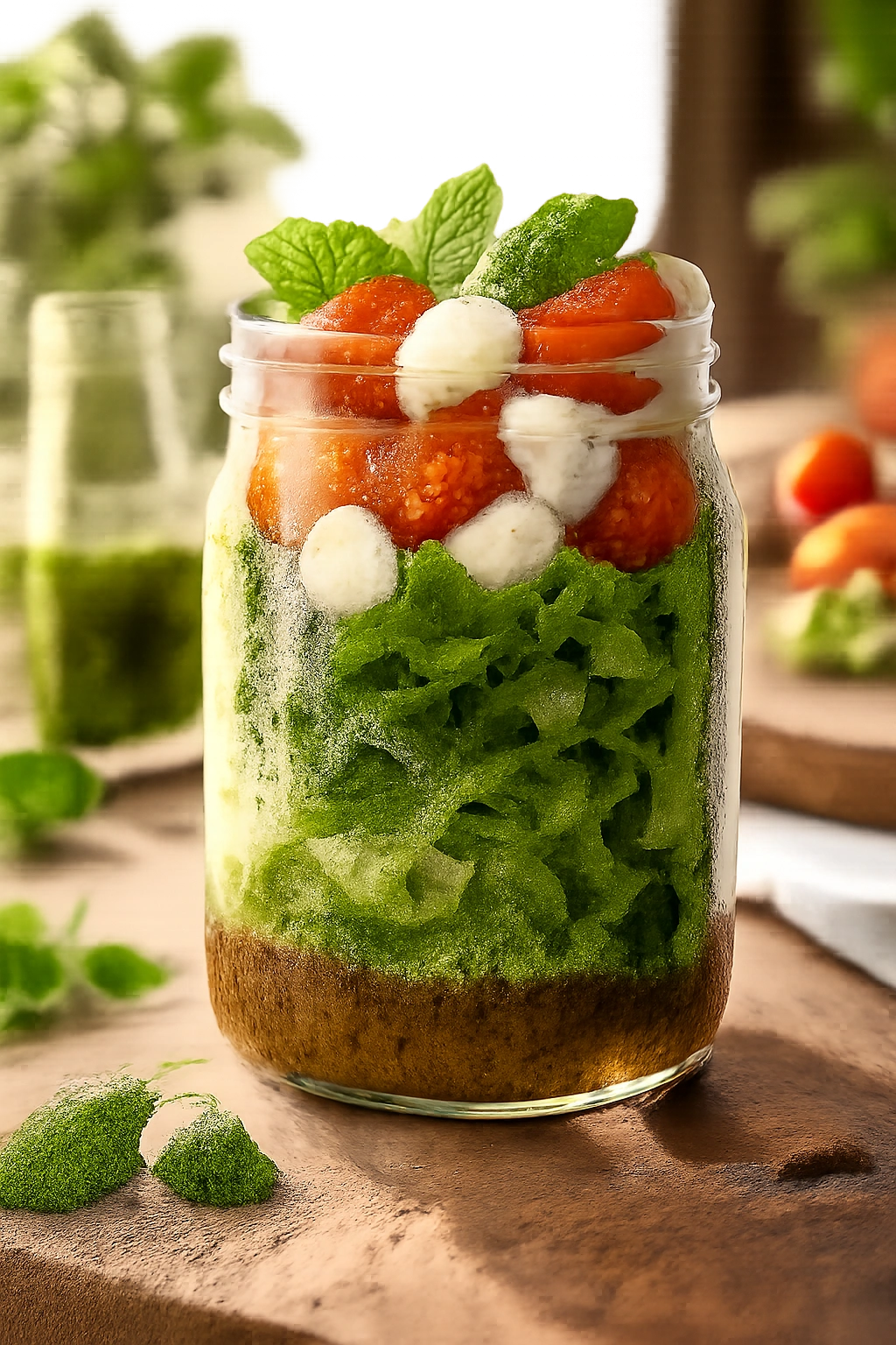 Close-up of Mason Jar Caprese Salad with Basil Vinaigrette showing layered greens, tomatoes, mozzarella in a jar