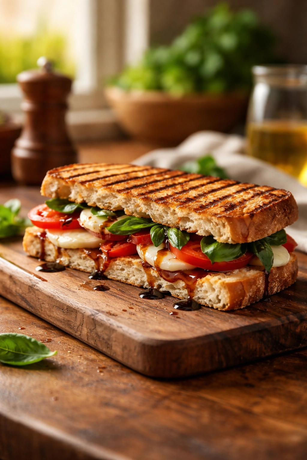 Gourmet Caprese Panini with golden crust on a wooden board