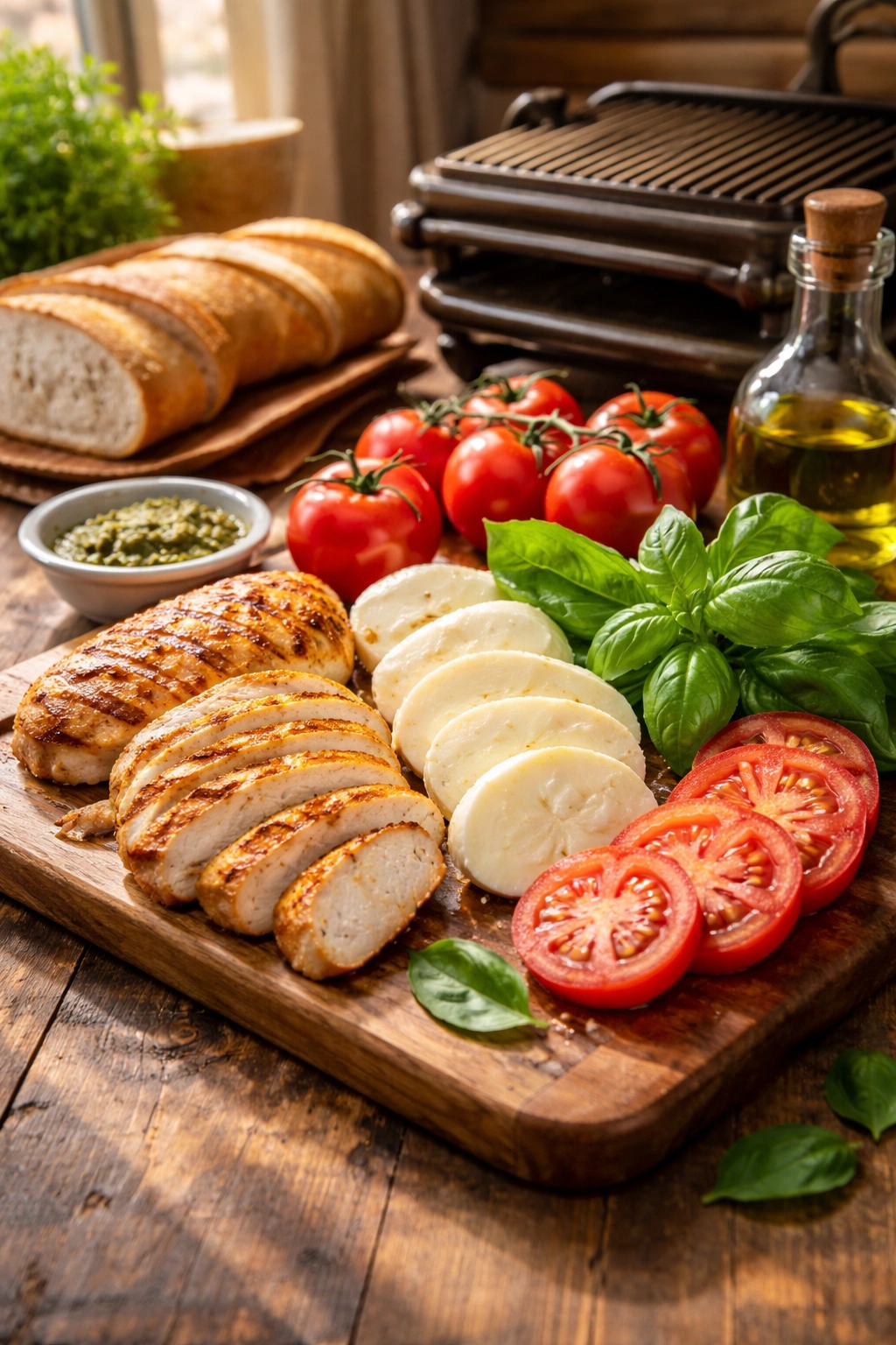 Rustic display of mozzarella, tomato, basil with bread and panini press in warm kitchen
