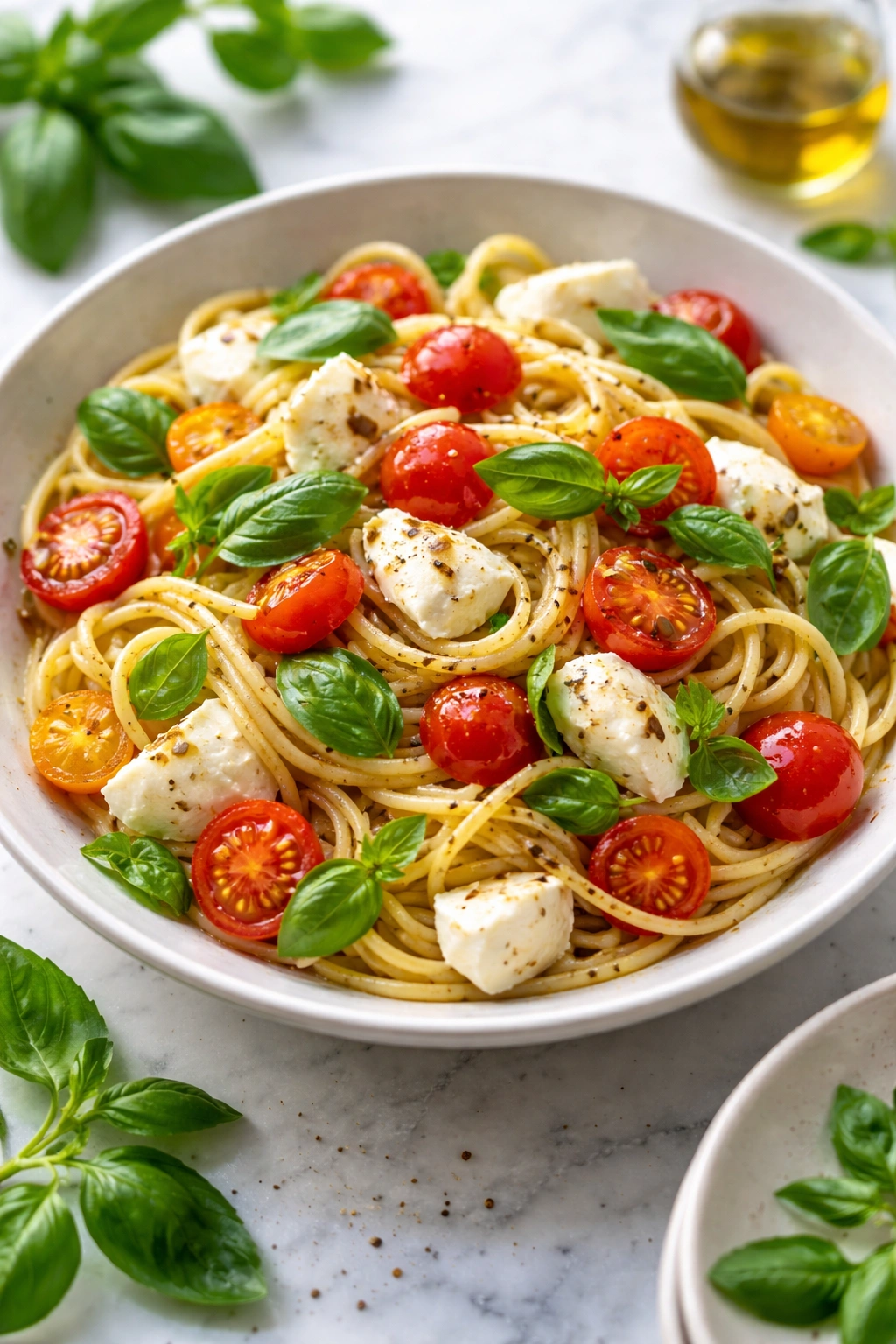 Plate of Caprese pasta with mozzarella, tomatoes, and basil under bright light