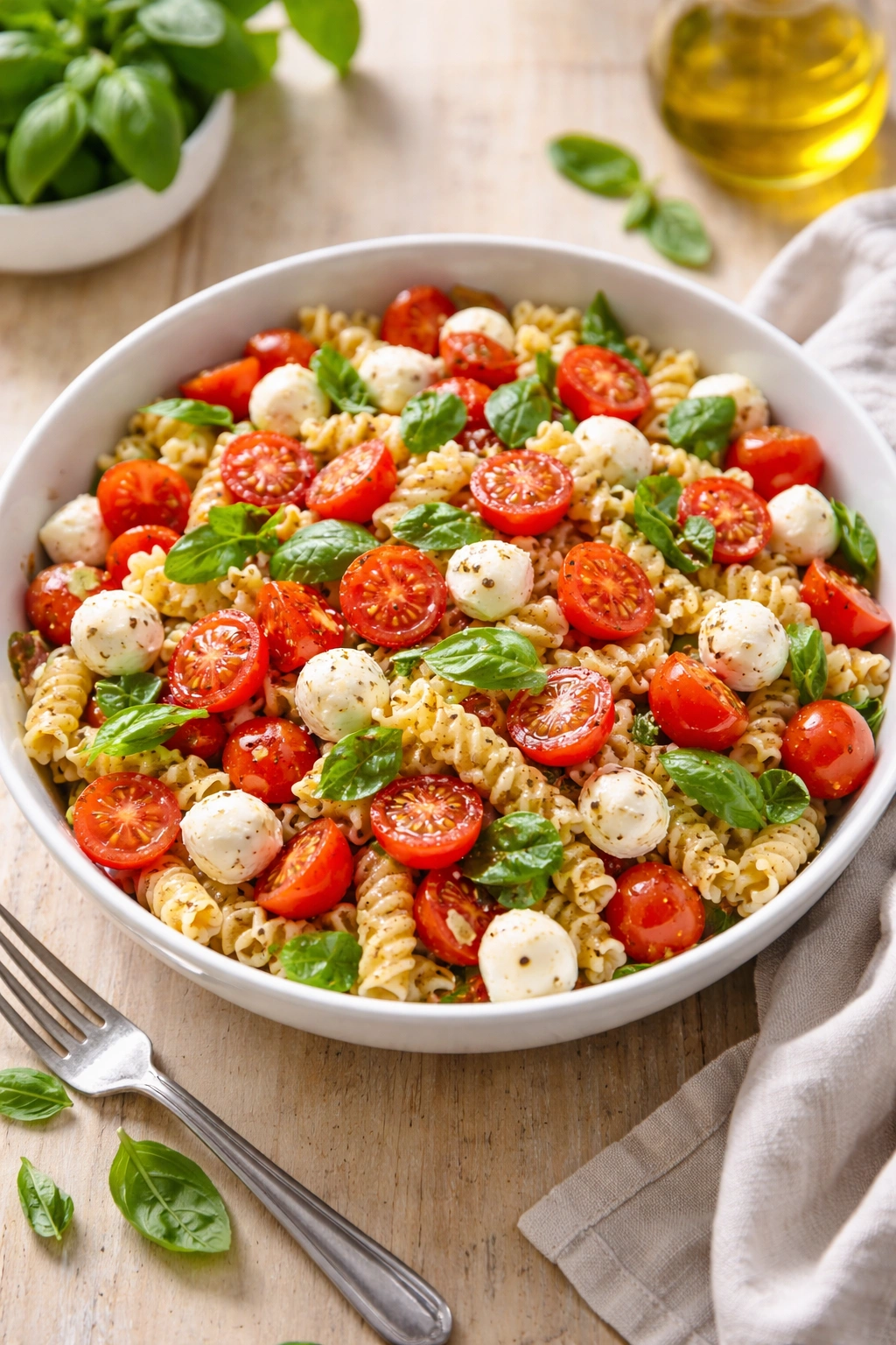 Close-up of Caprese pasta salad with tomatoes, mozzarella, and basil in a light oil dressing.
