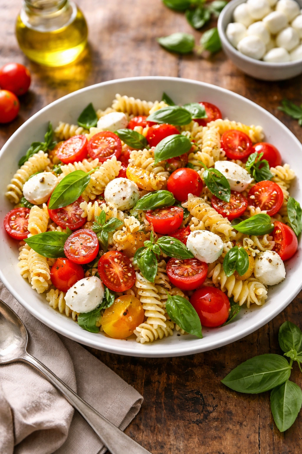 Close-up of Classic Caprese Pasta Salad with tomatoes, mozzarella, and basil on a white plate