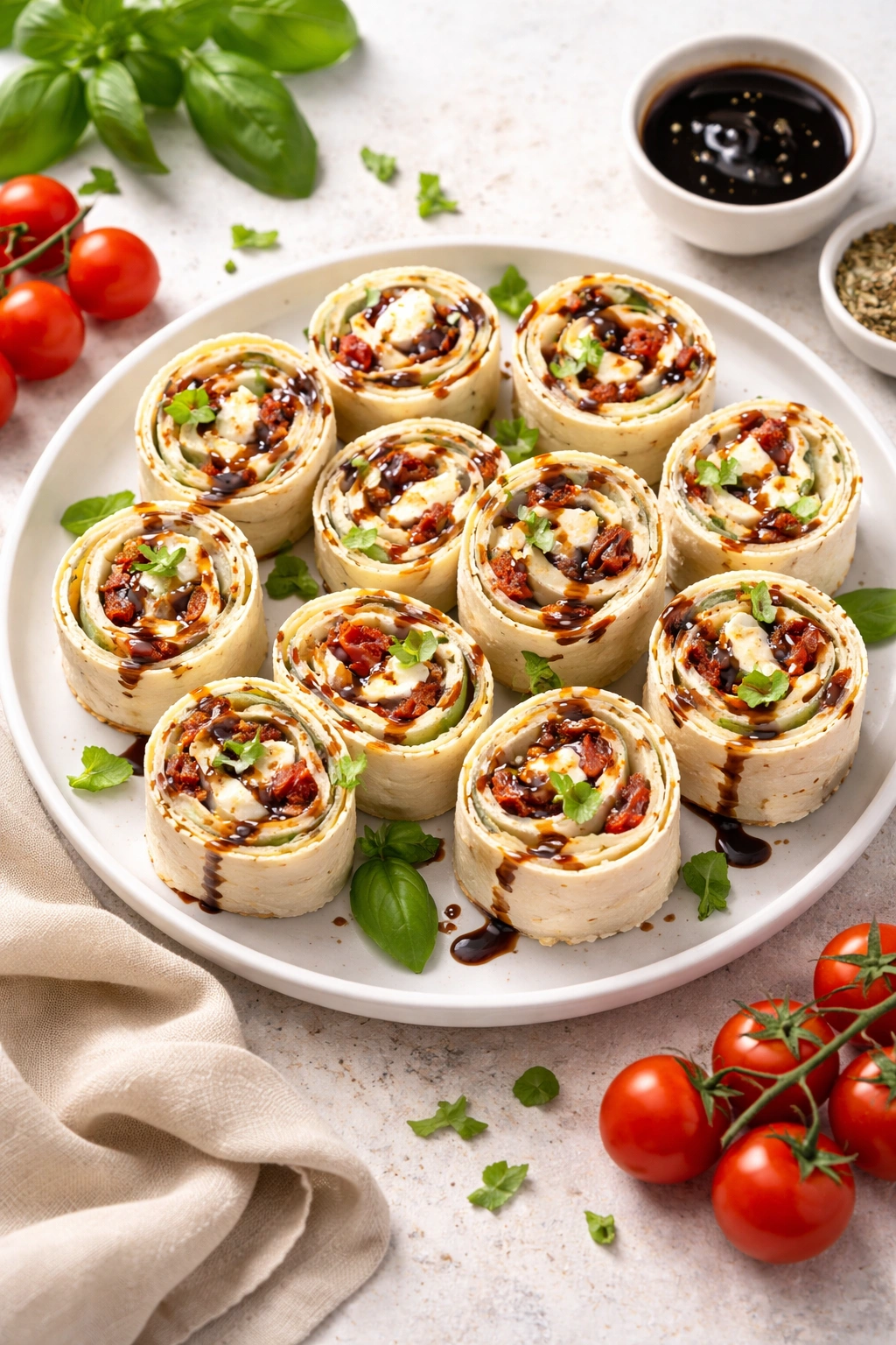Caprese pinwheels with mozzarella, sun-dried tomato, and basil cross-section with balsamic glaze