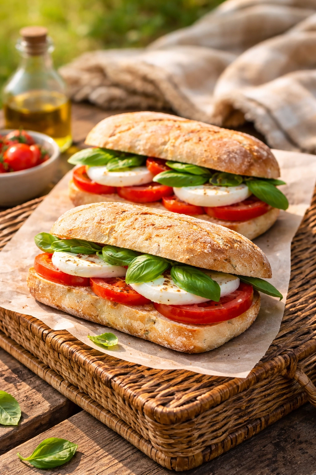 Caprese sandwich with tomato mozzarella and basil on rustic board
