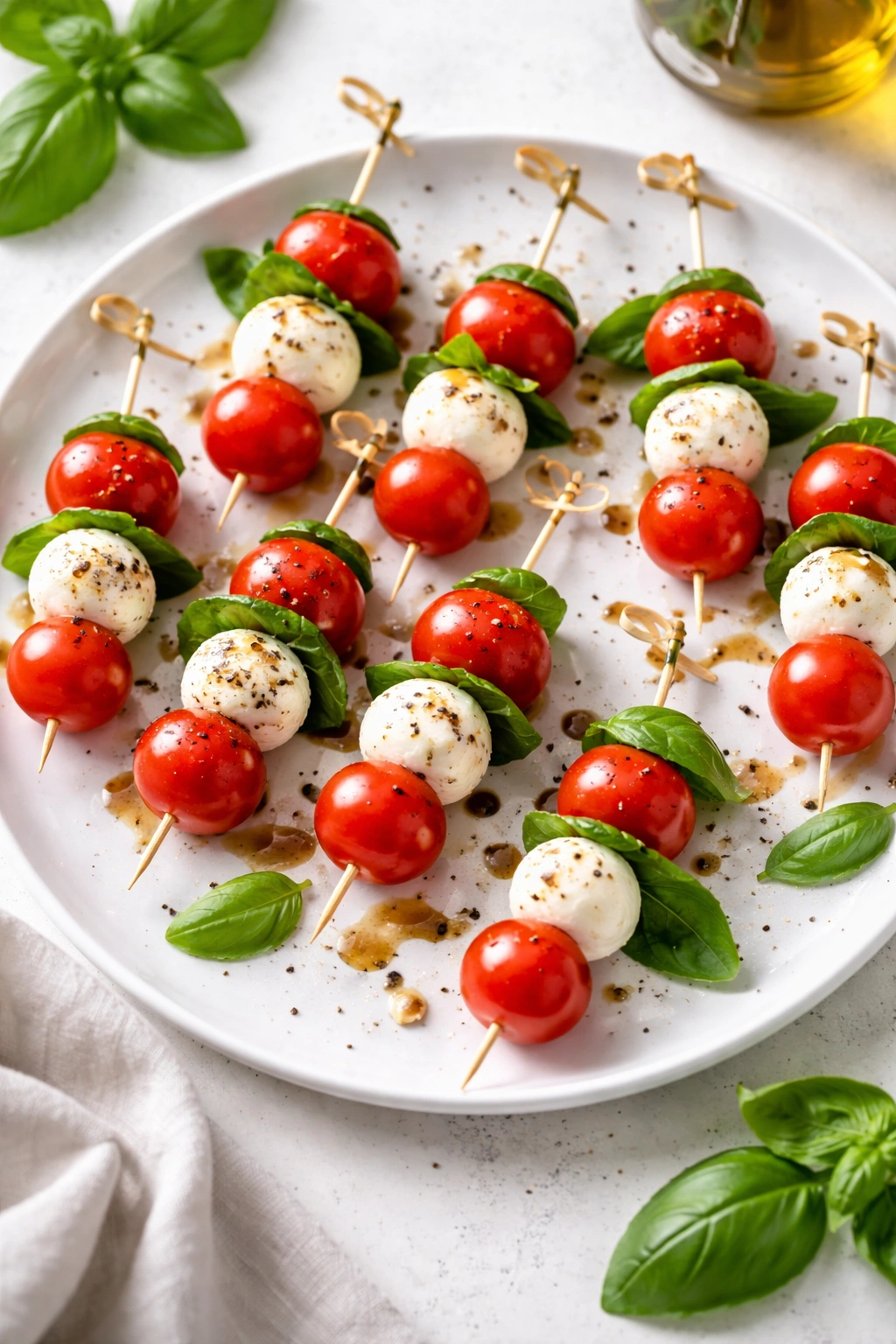Caprese skewers with tomato, mozzarella, and basil on plate