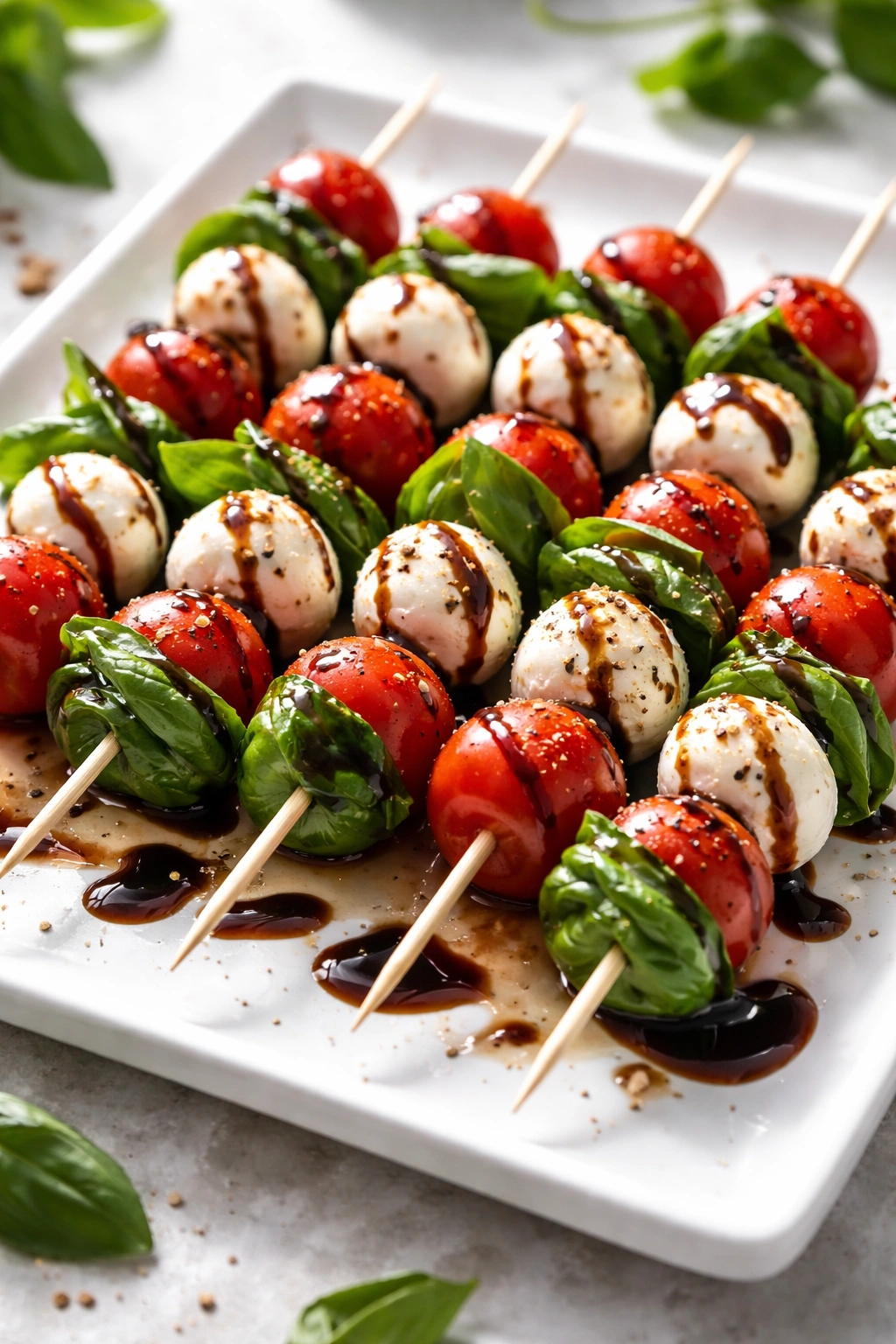 Caprese skewers with mozzarella, tomato, basil and balsamic glaze
