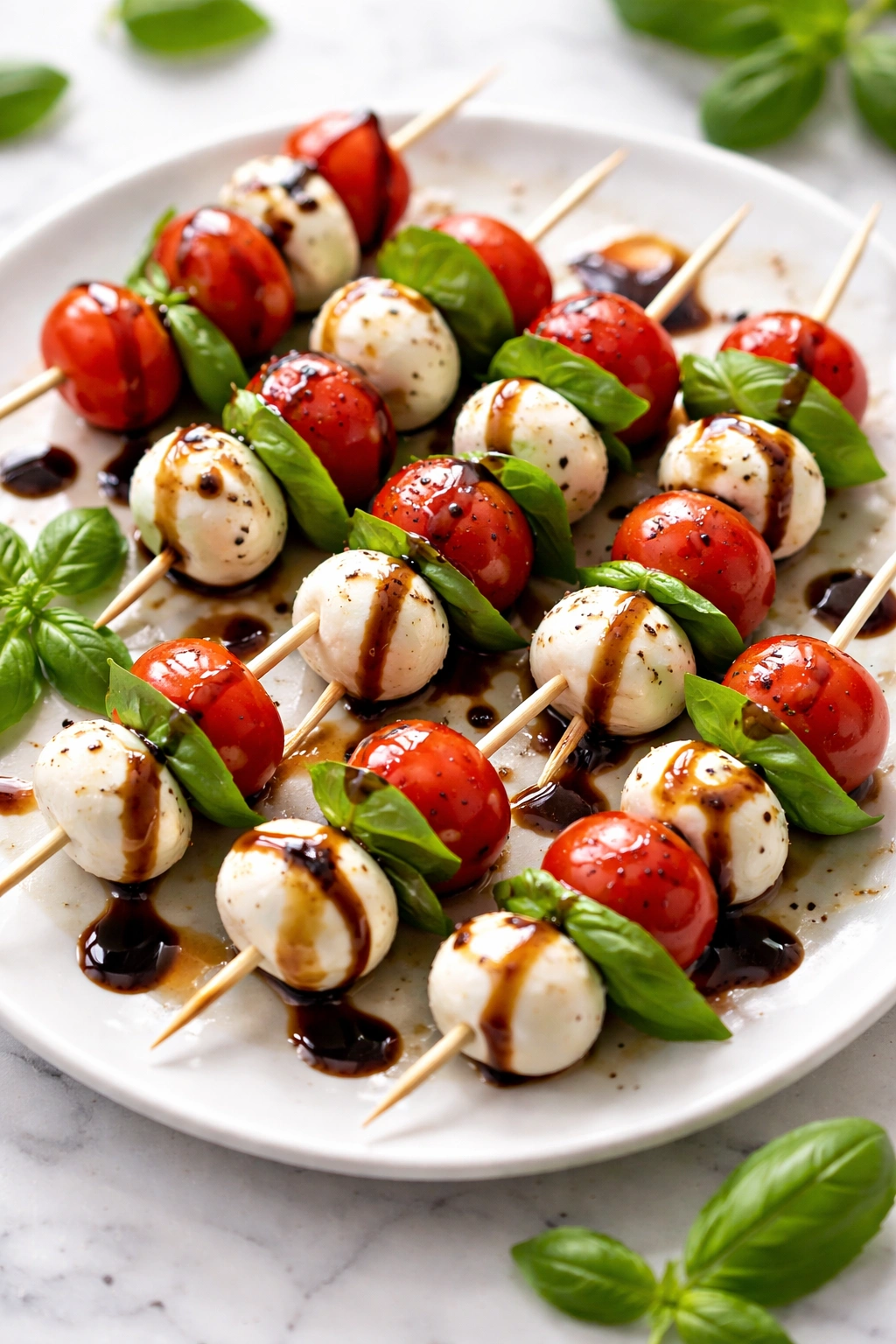 Caprese skewers with mozzarella, cherry tomatoes, basil and balsamic glaze