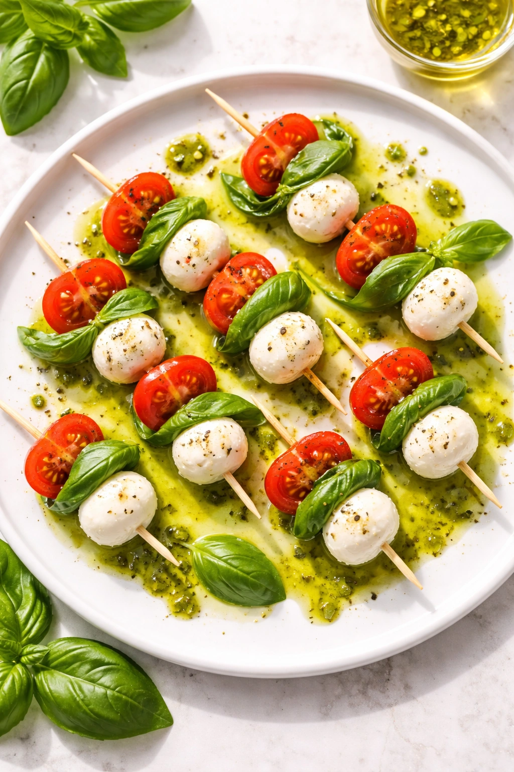 Caprese skewers with mozzarella, tomatoes, and basil oil on a plate