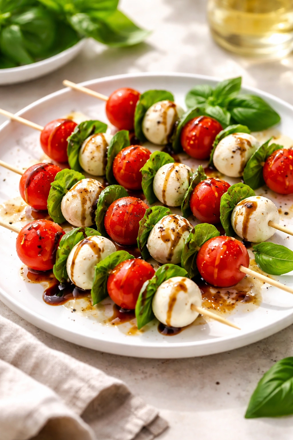 Caprese skewers with mozzarella, tomatoes, basil and balsamic
