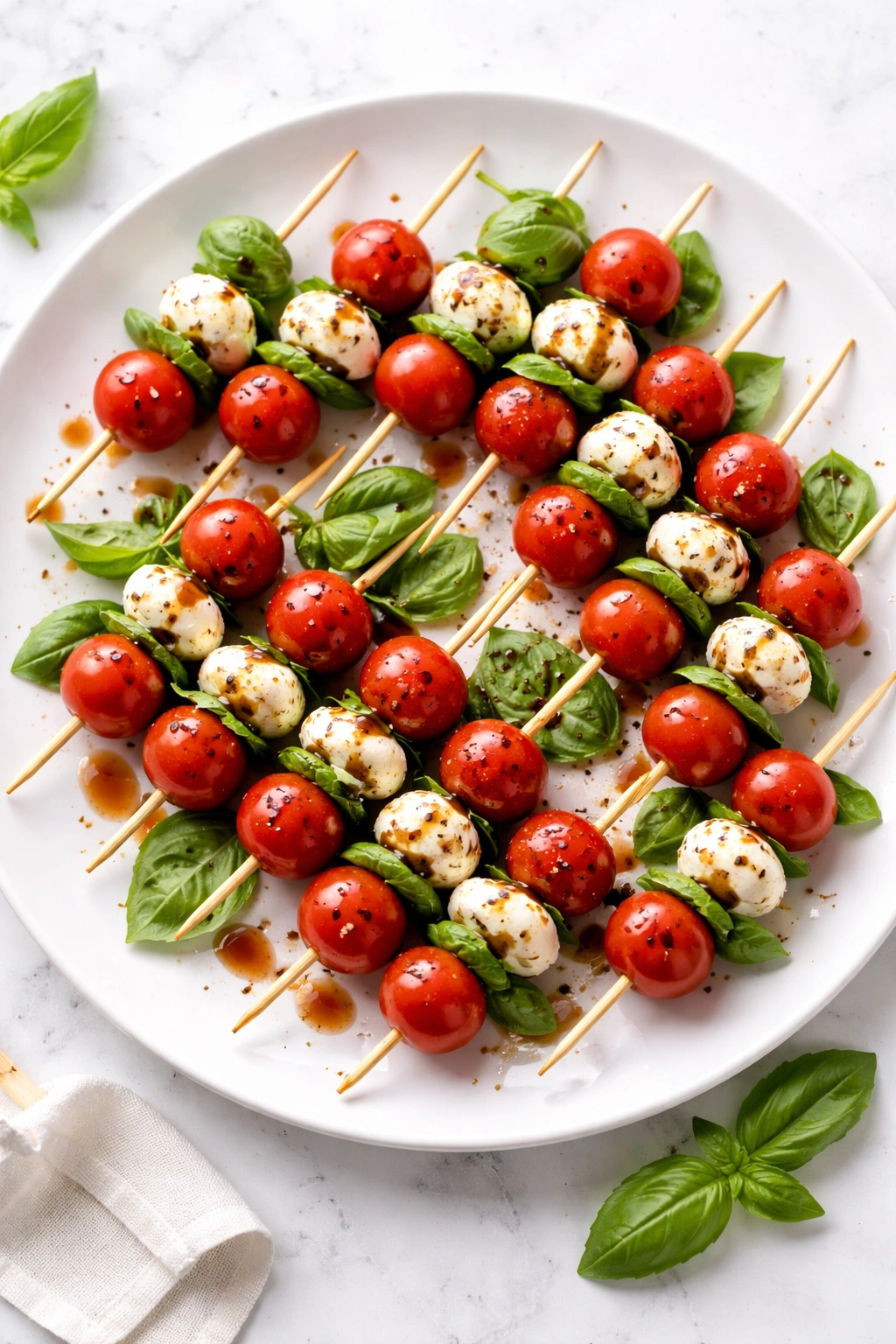Caprese skewers with tomatoes, mozzarella, and basil with glaze