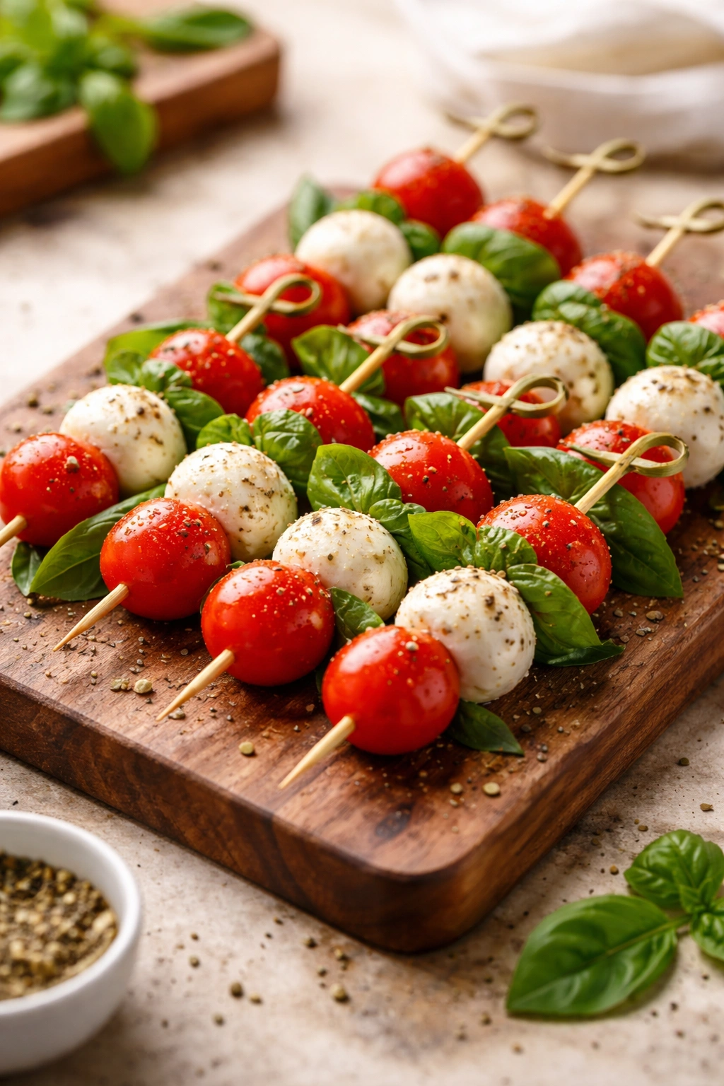Close-up of Caprese skewers with tomatoes, mozzarella, and basil on wooden picks