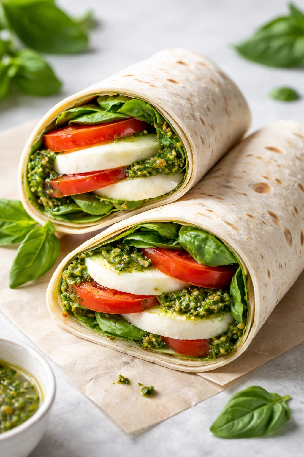 Cross-section caprese wrap showing mozzarella tomato and pesto