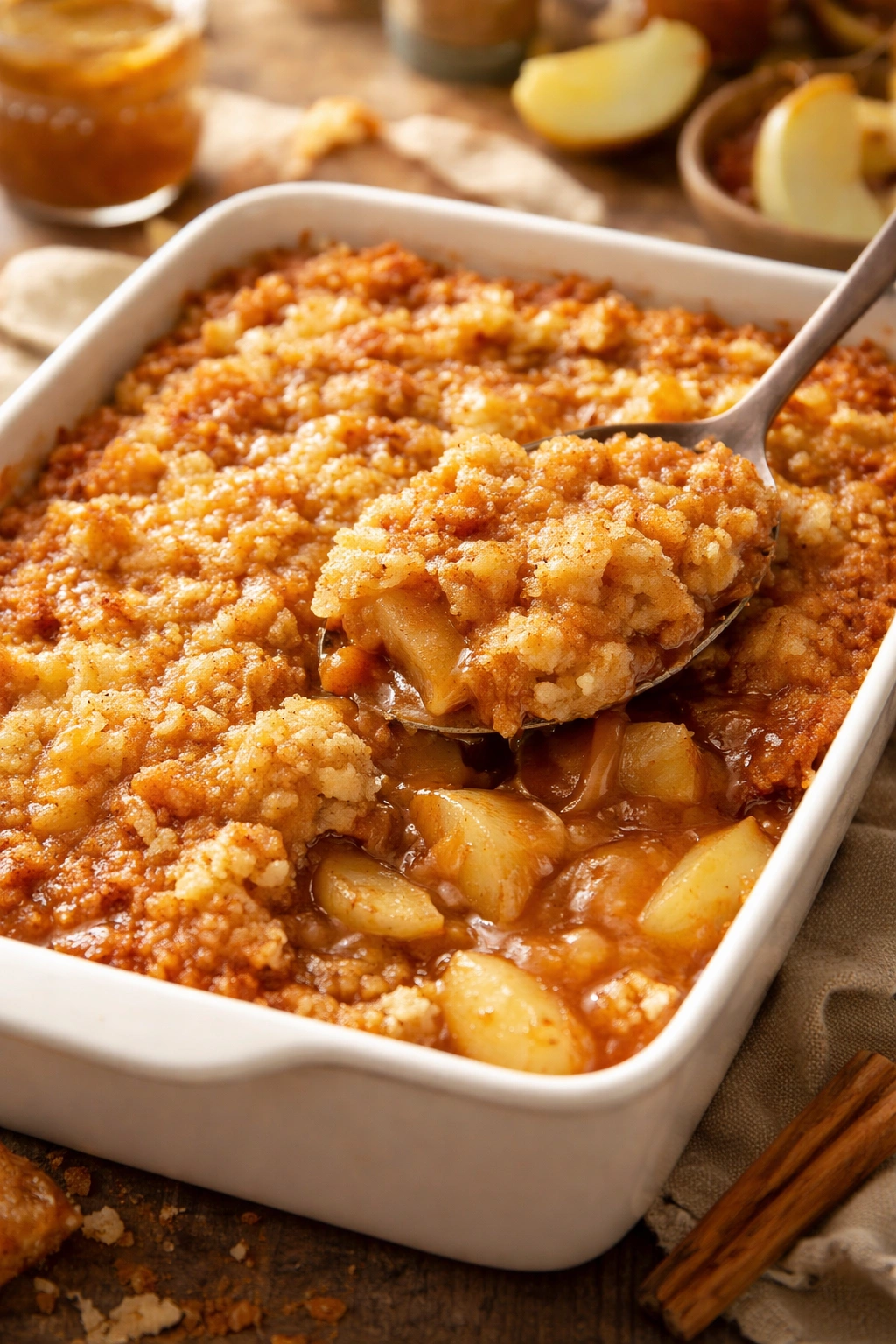 Caramel apple dump cake in a baking dish with caramel glaze