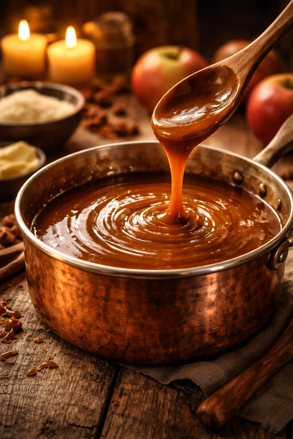 Close-up of amber caramel in a vintage copper pan on a wooden table