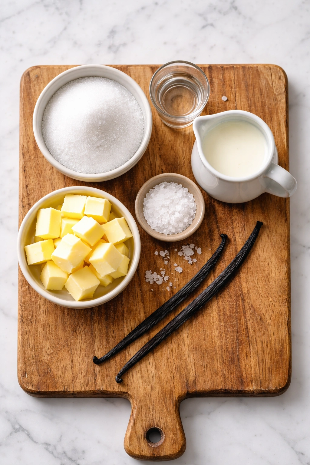 Overhead view of the six ingredients for caramel sauce arranged on a wooden board
