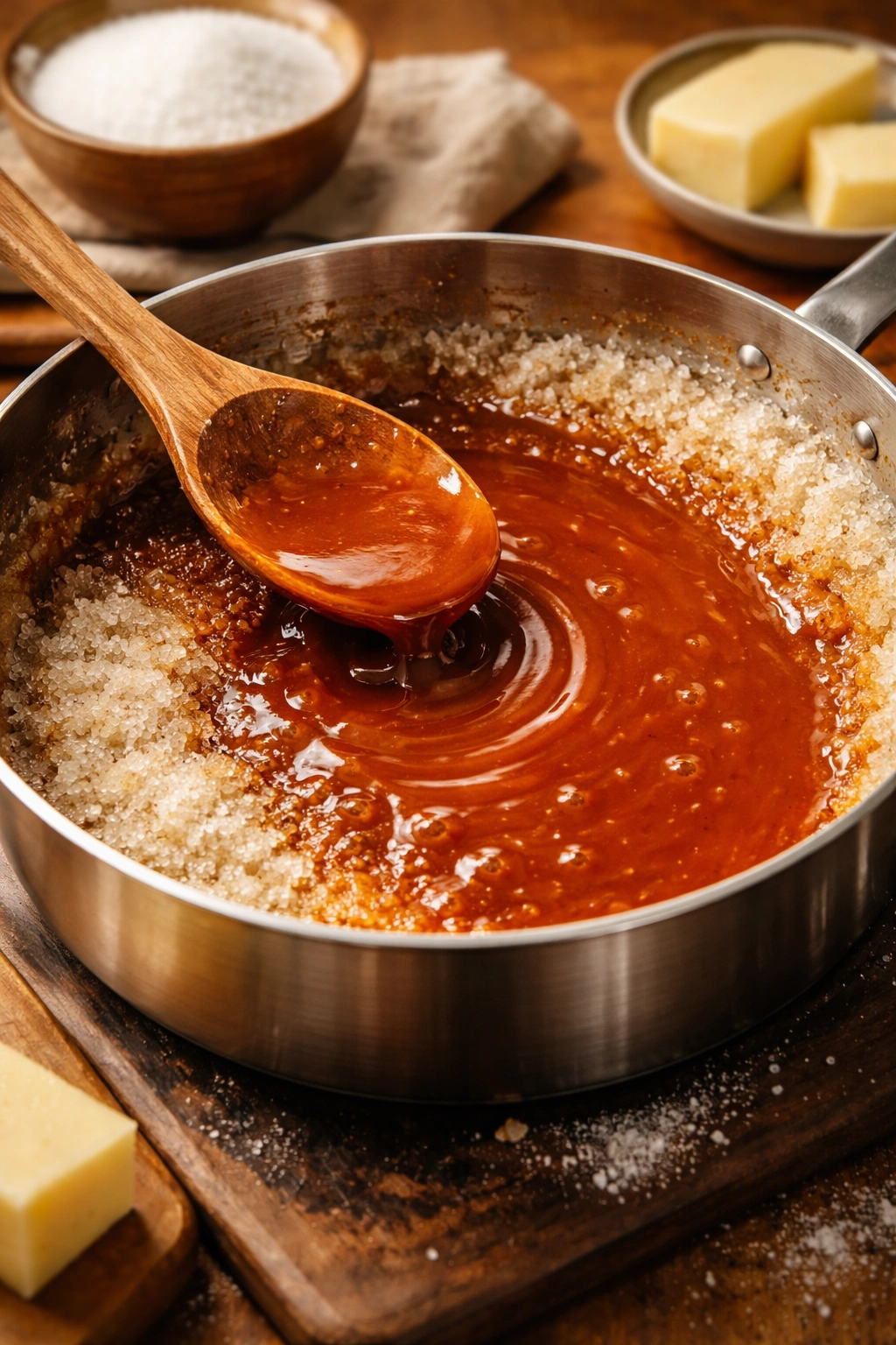Pan showing glossy caramel next to crystallized section