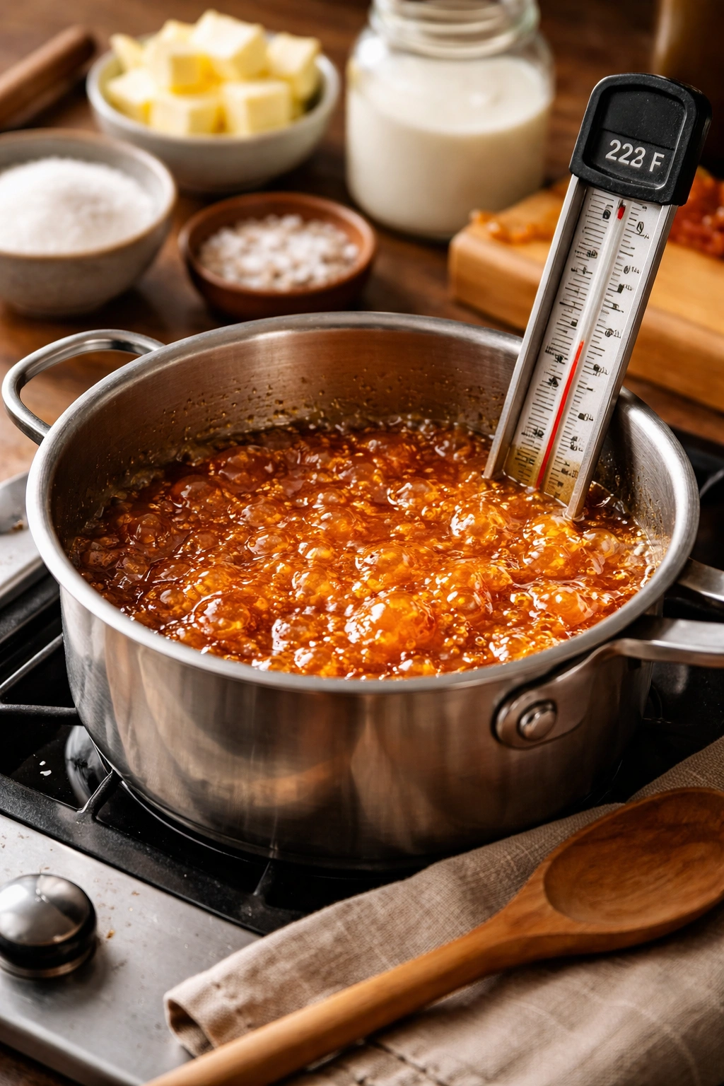 Pan on stove with amber caramel forming and thermometer attached