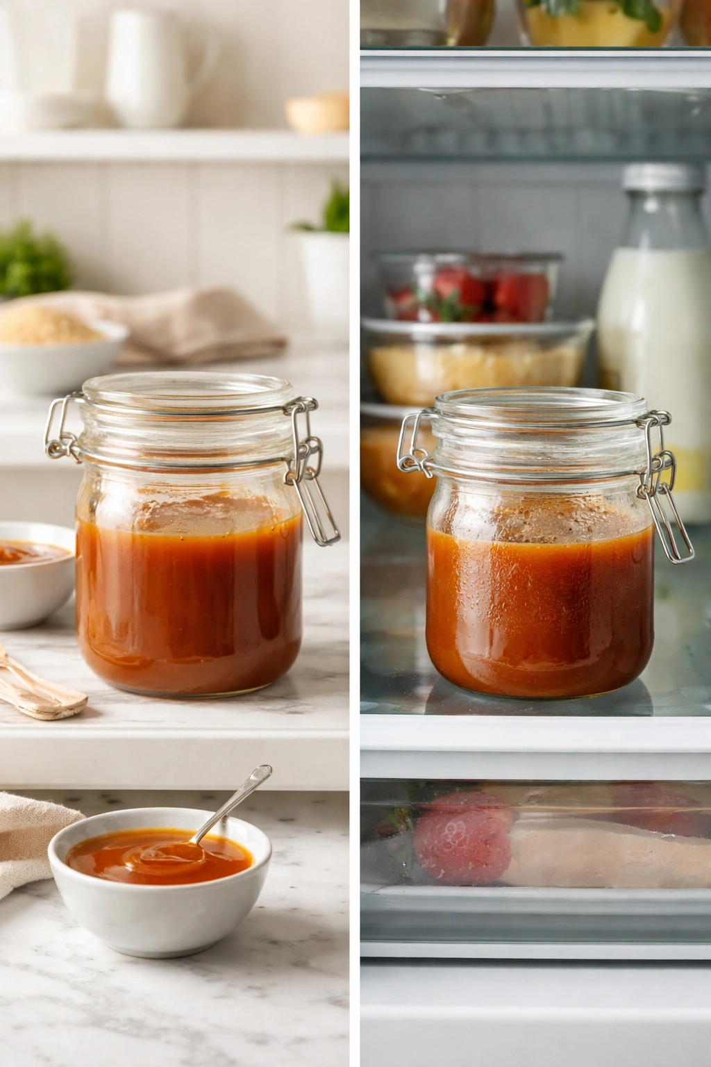 Two glass jars of caramel at room temperature and refrigerated