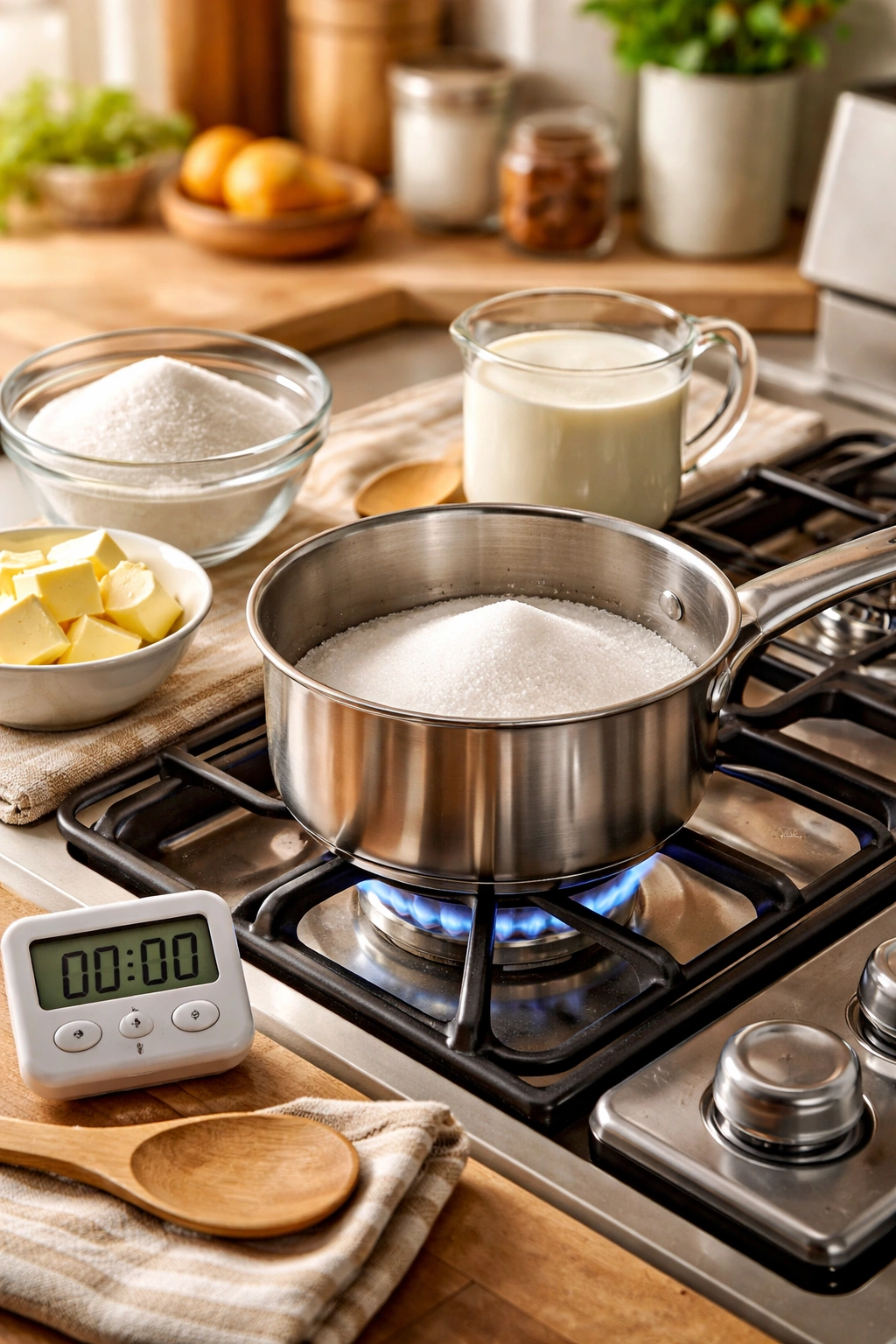 Stove-top caramel prep with timer and ready ingredients