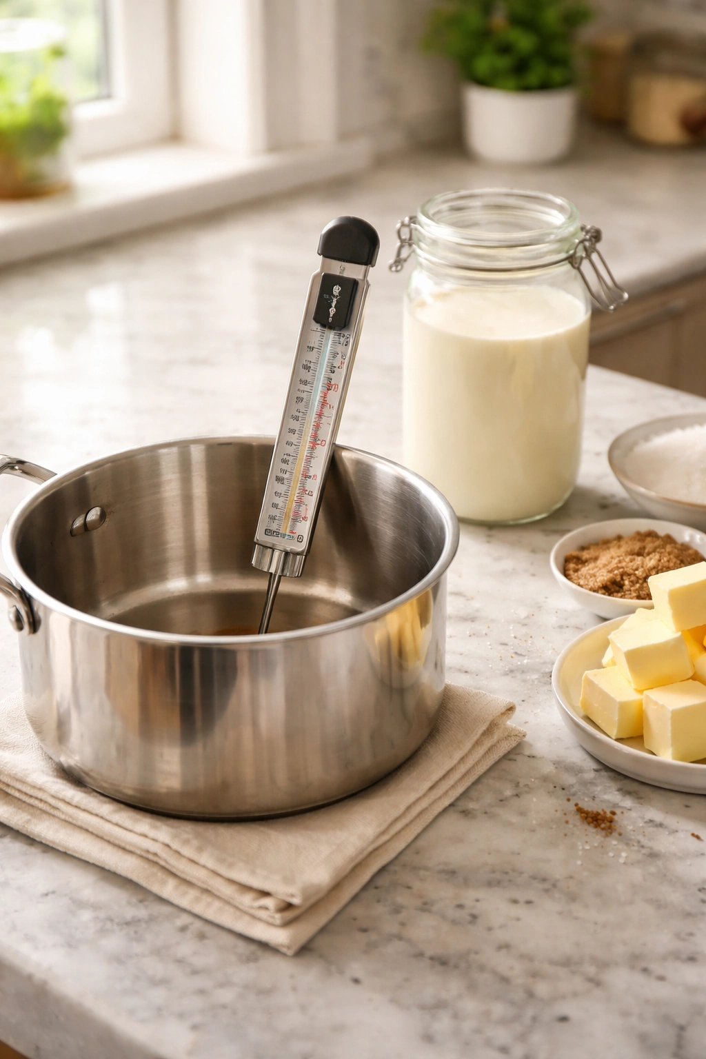 Heavy-bottomed saucepan with a thermometer and room-temperature cream ready for caramel