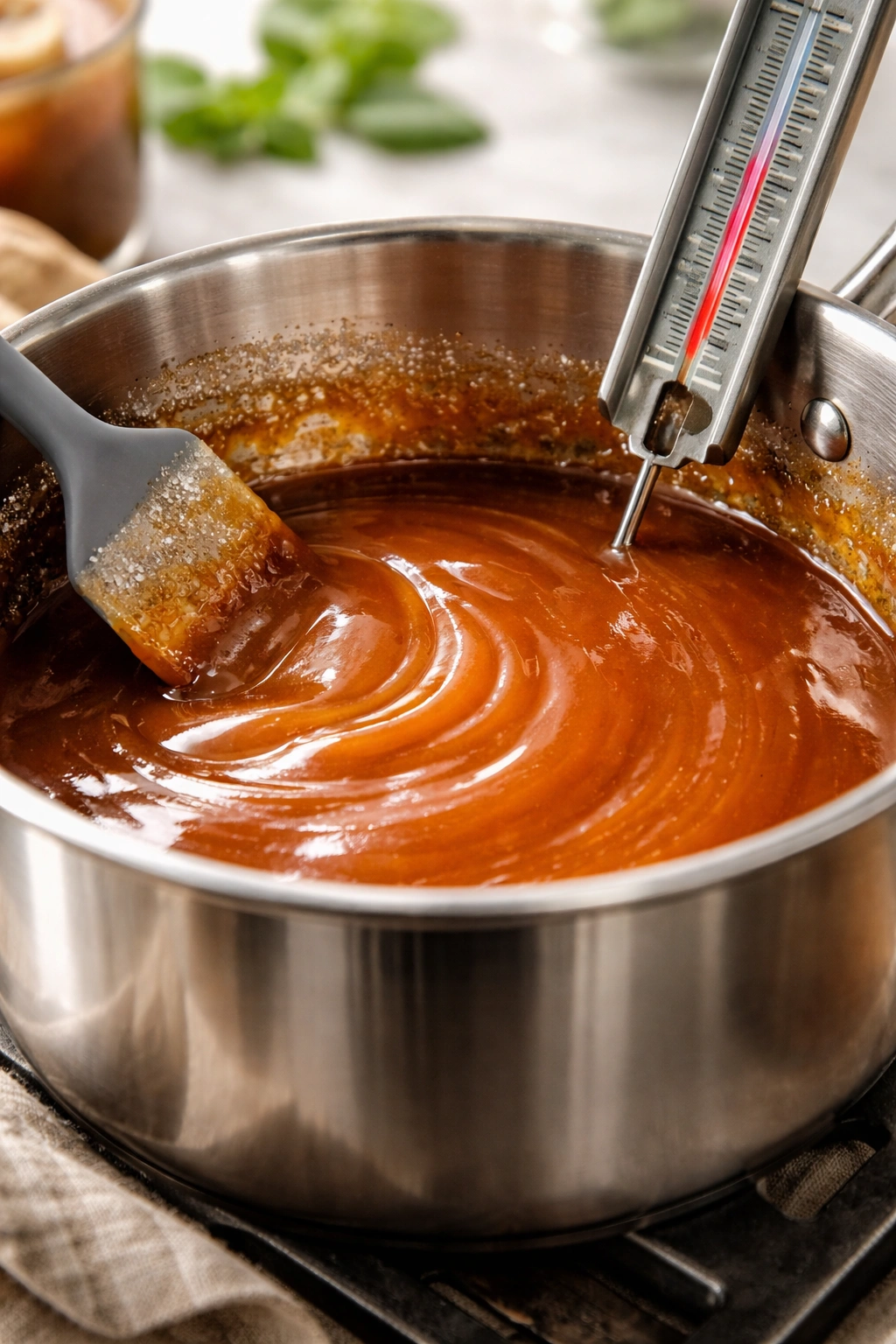 Pan of caramel with crystals brushed away and thermometer