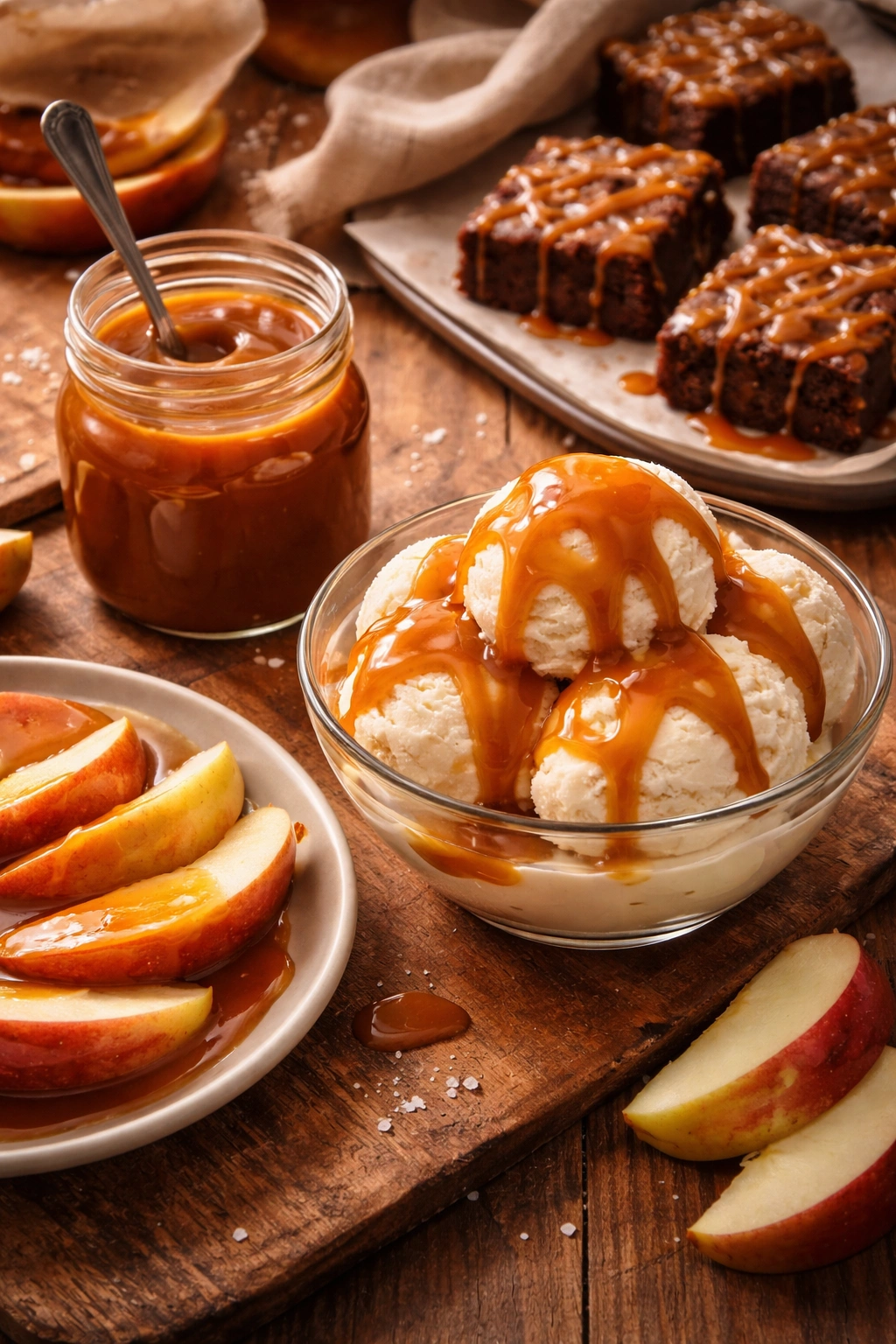 Ice cream with caramel drizzle and caramel-coated apples