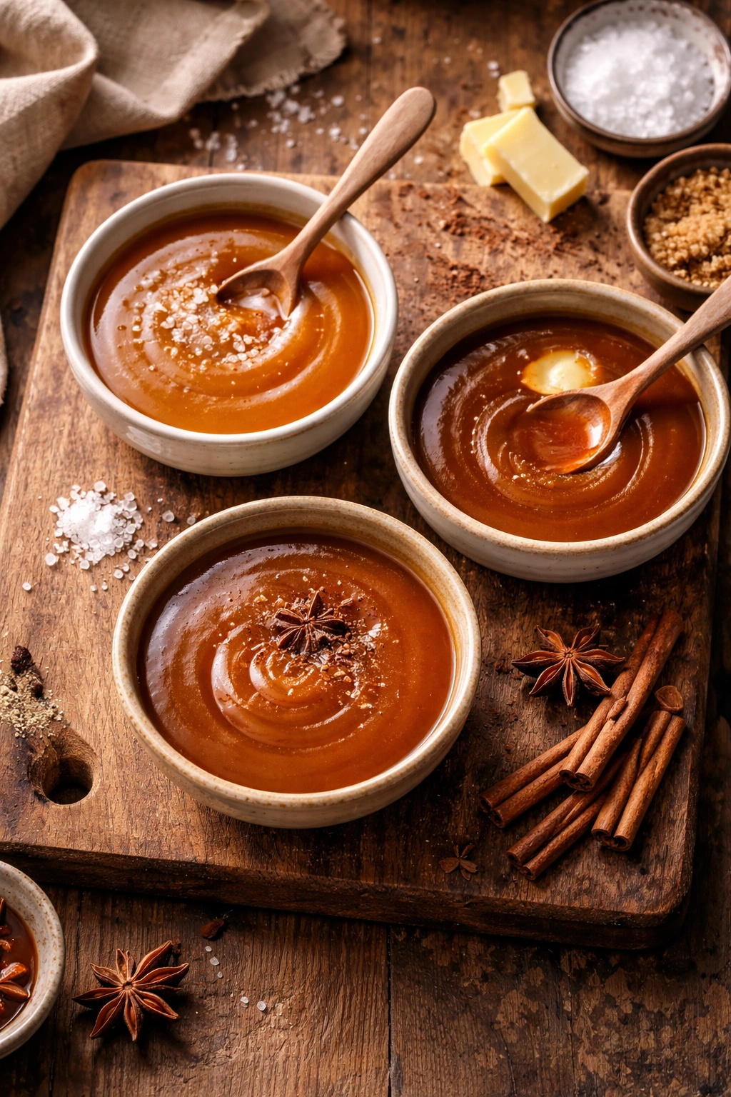 Three caramel variations in bowls on wooden board: salted, brown butter, and spiced