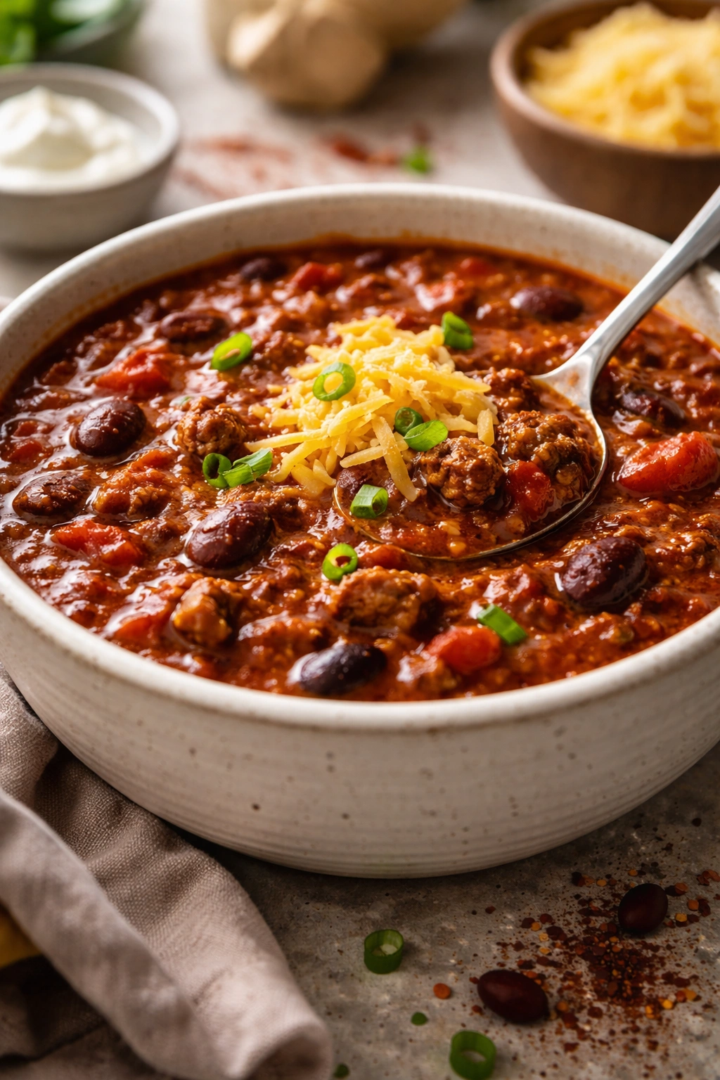 Close-up of chili with rich color and browned bits