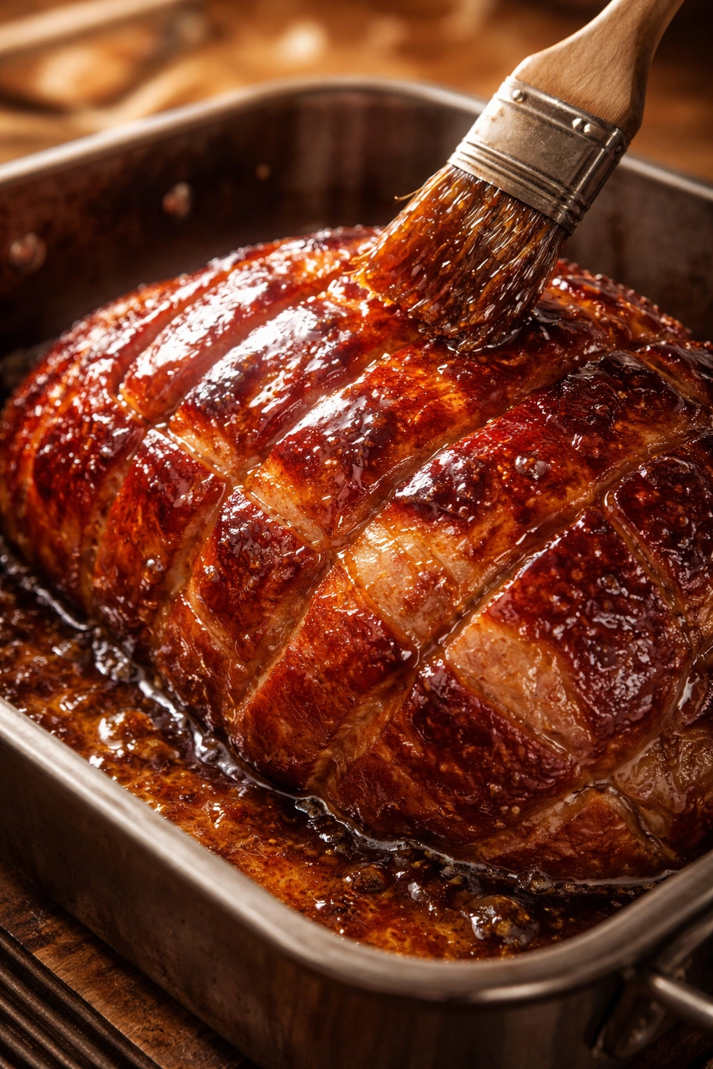Macro view of caramelized glaze forming a glossy ham crust
