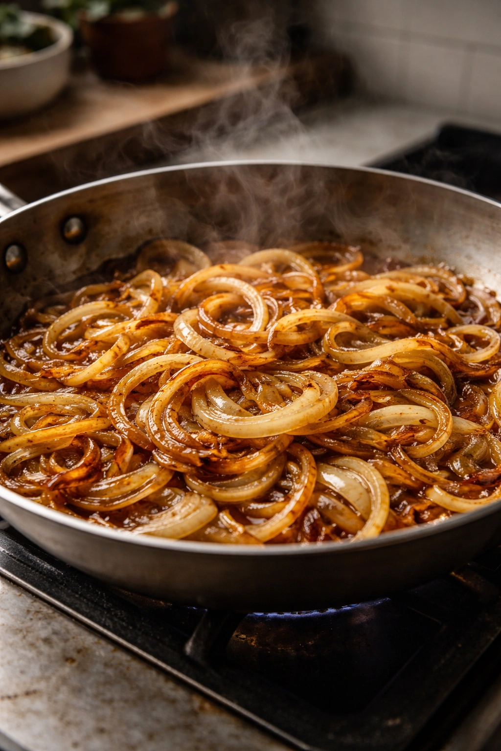 Onions browning in a skillet during caramelization