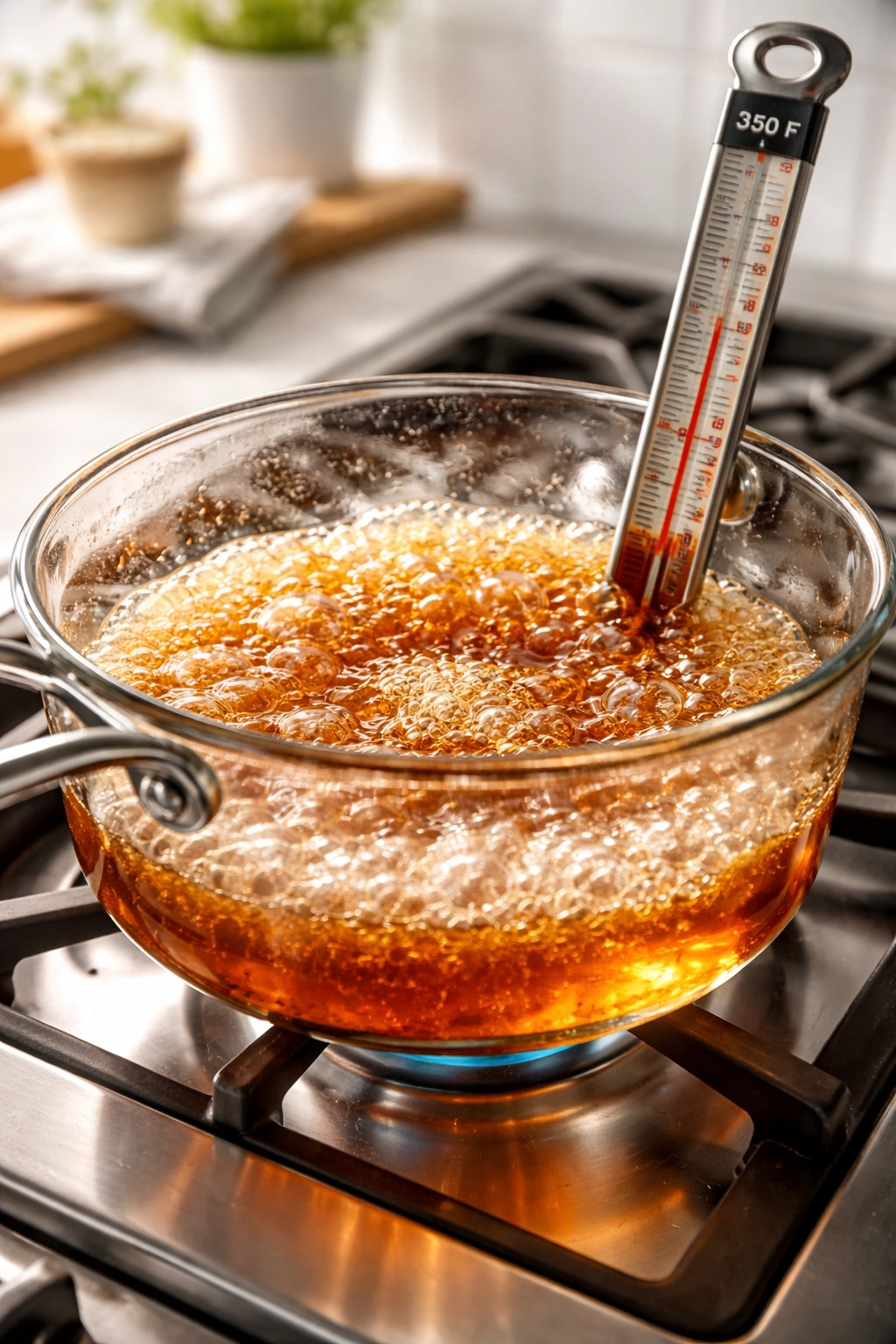 Sugar syrup turning amber in glass saucepan with thermometer