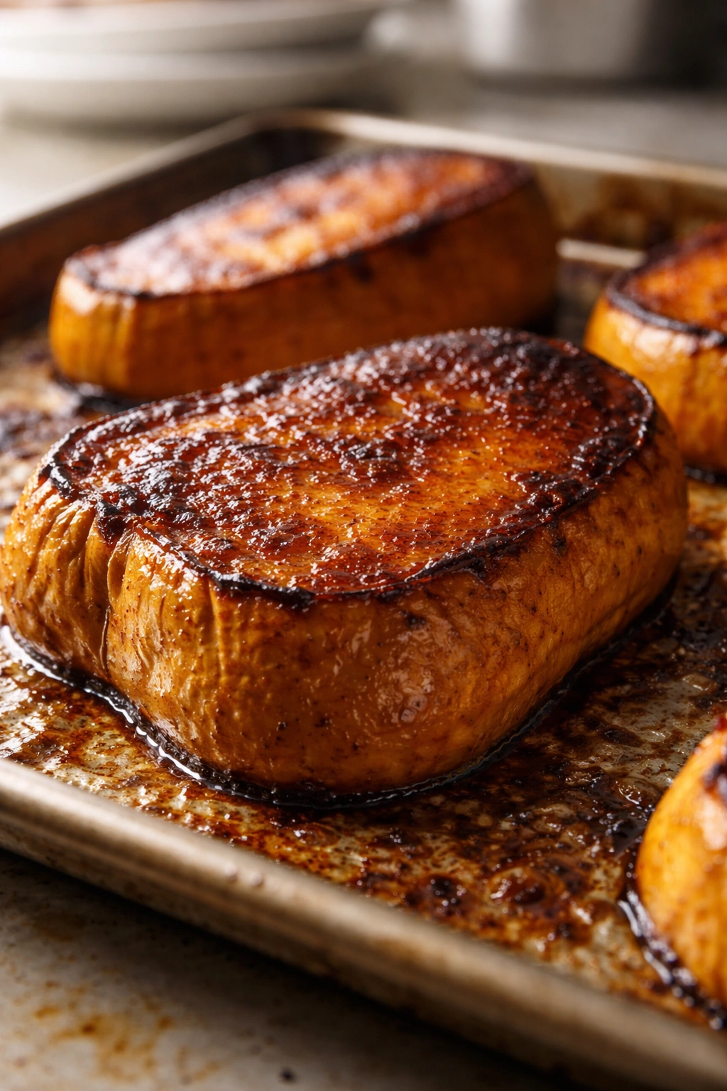 Macro close-up of caramelized squash surface showing browning and crust.
