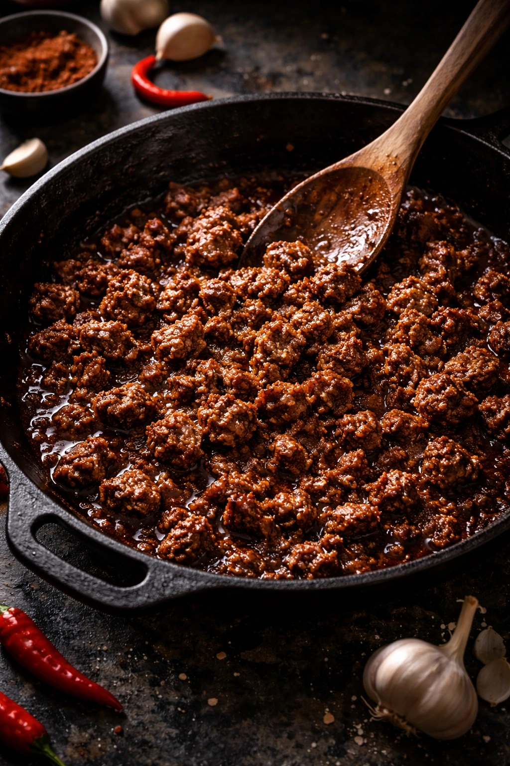 Caramelized beef in a cast-iron skillet with a rich crust
