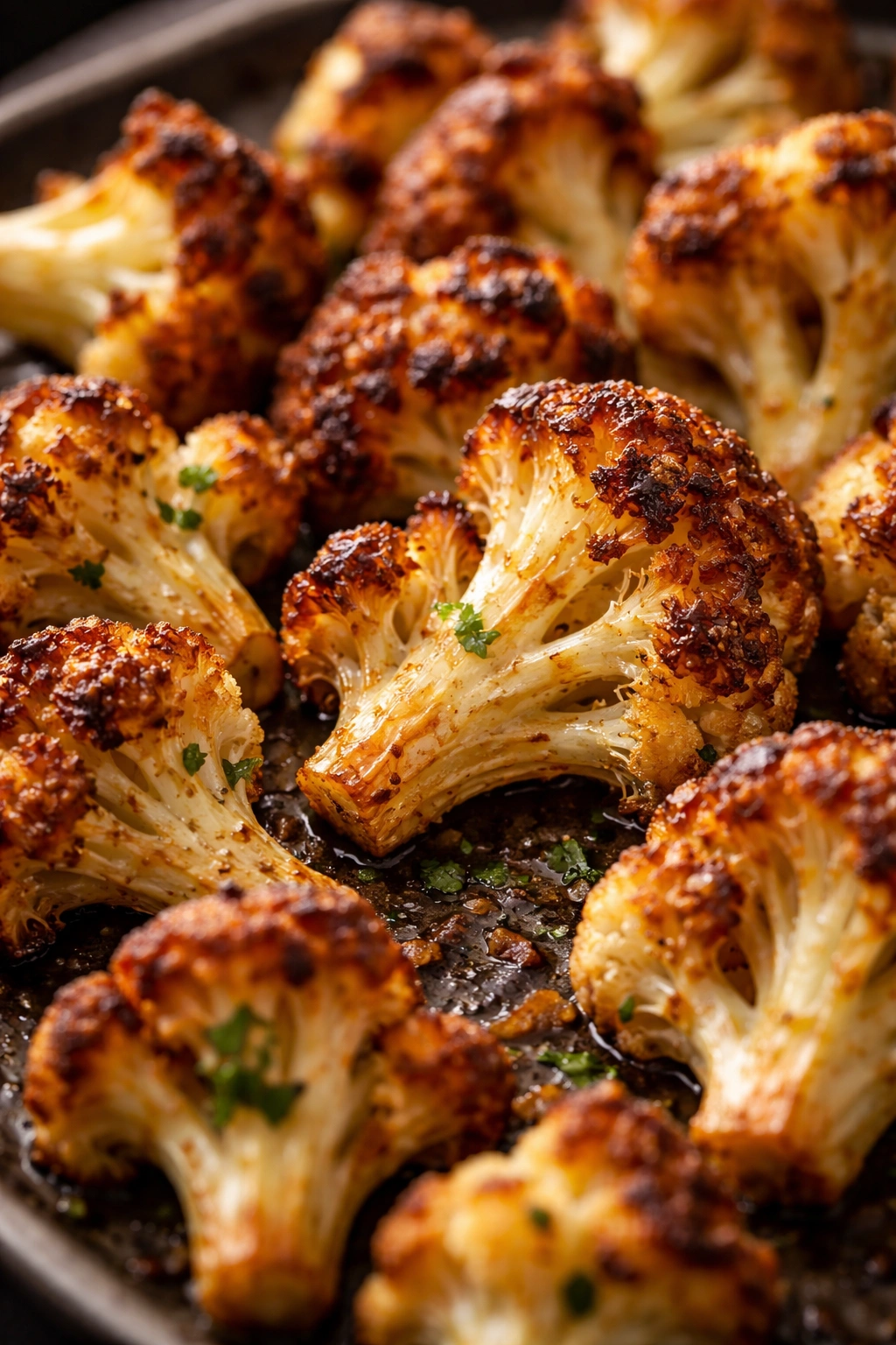 Deeply browned crispy cauliflower bites with crackly crust