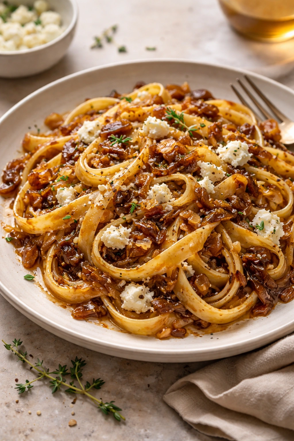 Pasta with caramelized onions and dollops of goat cheese on a plate