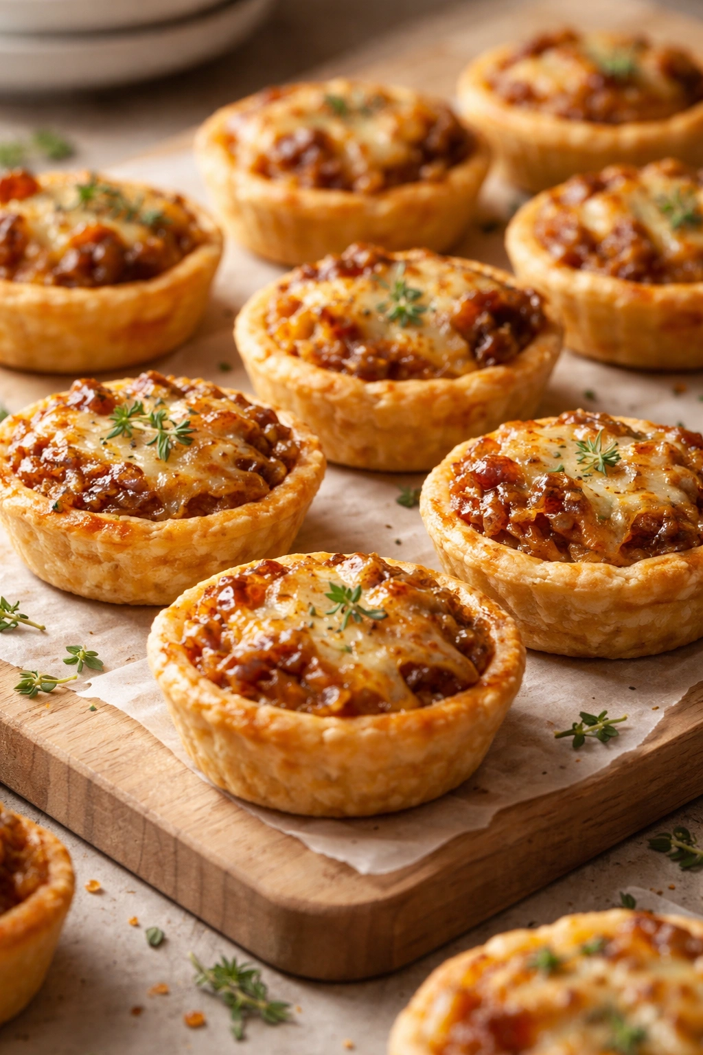 Mini tartlets with caramelized onions and Gruyère on pastry