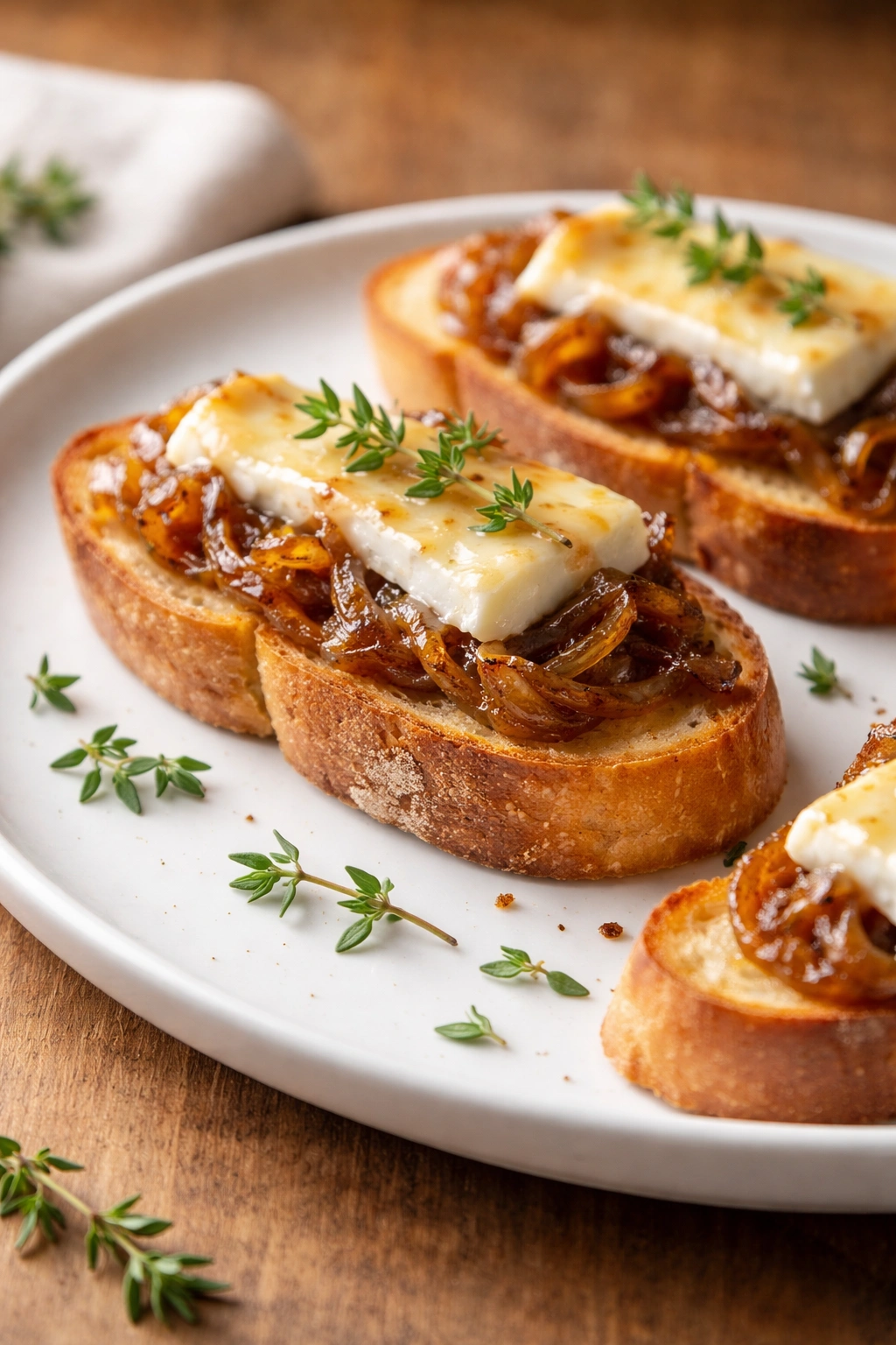 Close-up of a crostini with caramelized onions, Brie, and thyme on a white plate