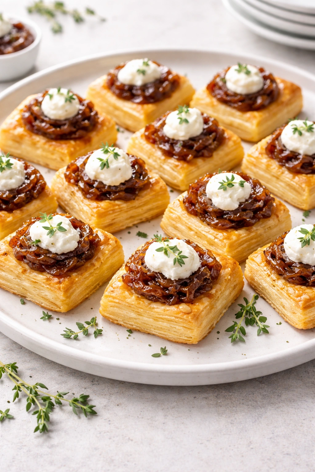 Close-up of caramelized onion and goat cheese bites on a plate