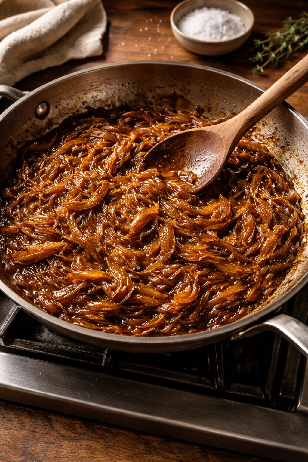 Deeply caramelized onions in a skillet with a rich amber color