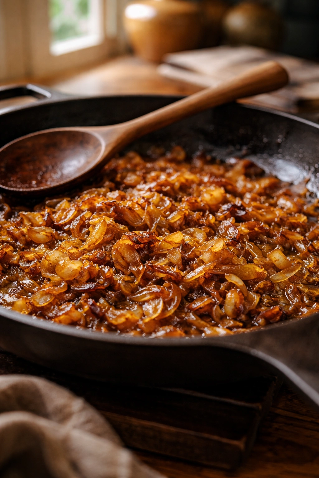 Close-up of caramelized onions in a skillet