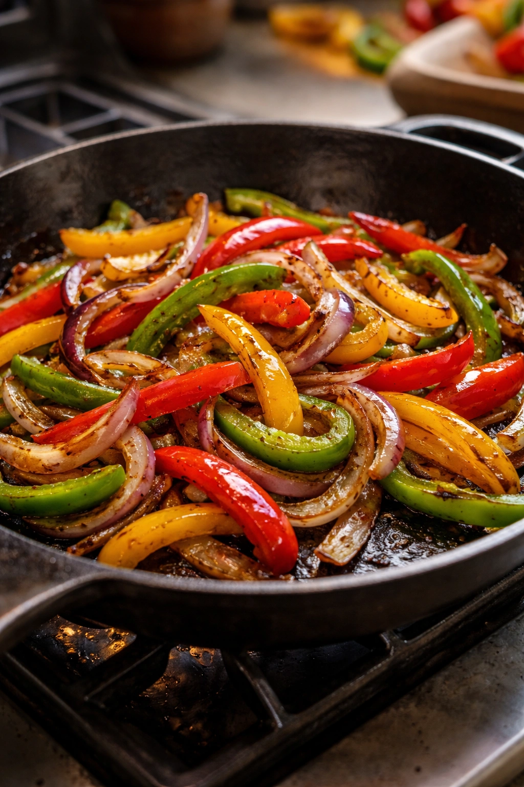 Sliced peppers and onions caramelizing in a hot skillet