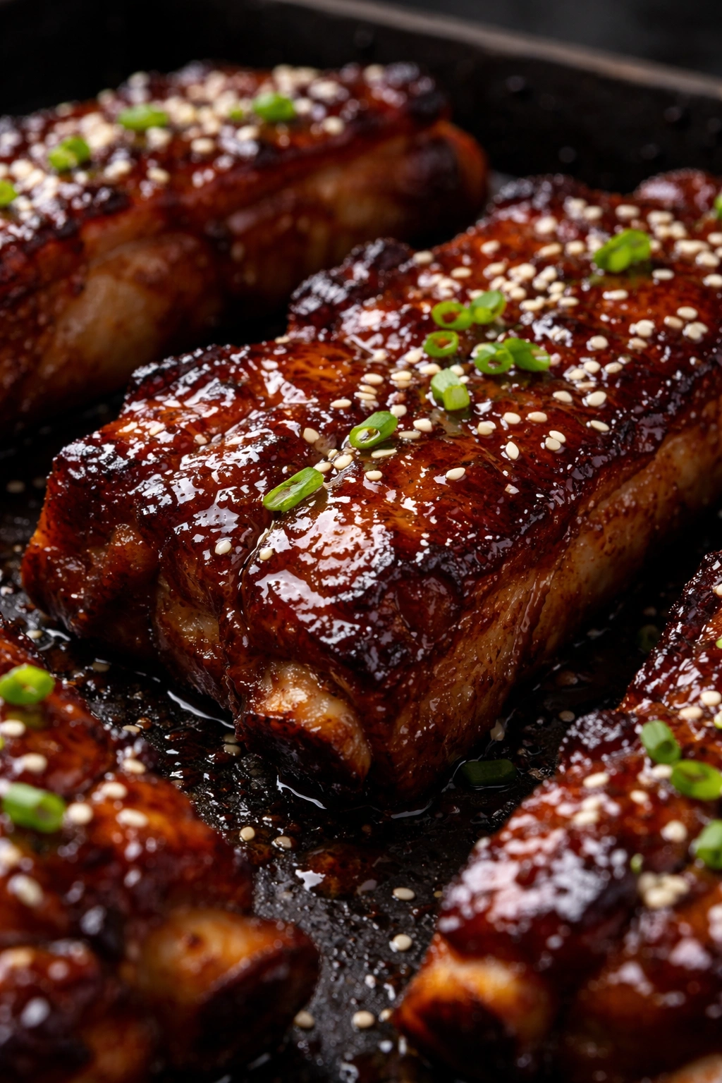 Close-up of caramelized rib crust with deep mahogany glaze