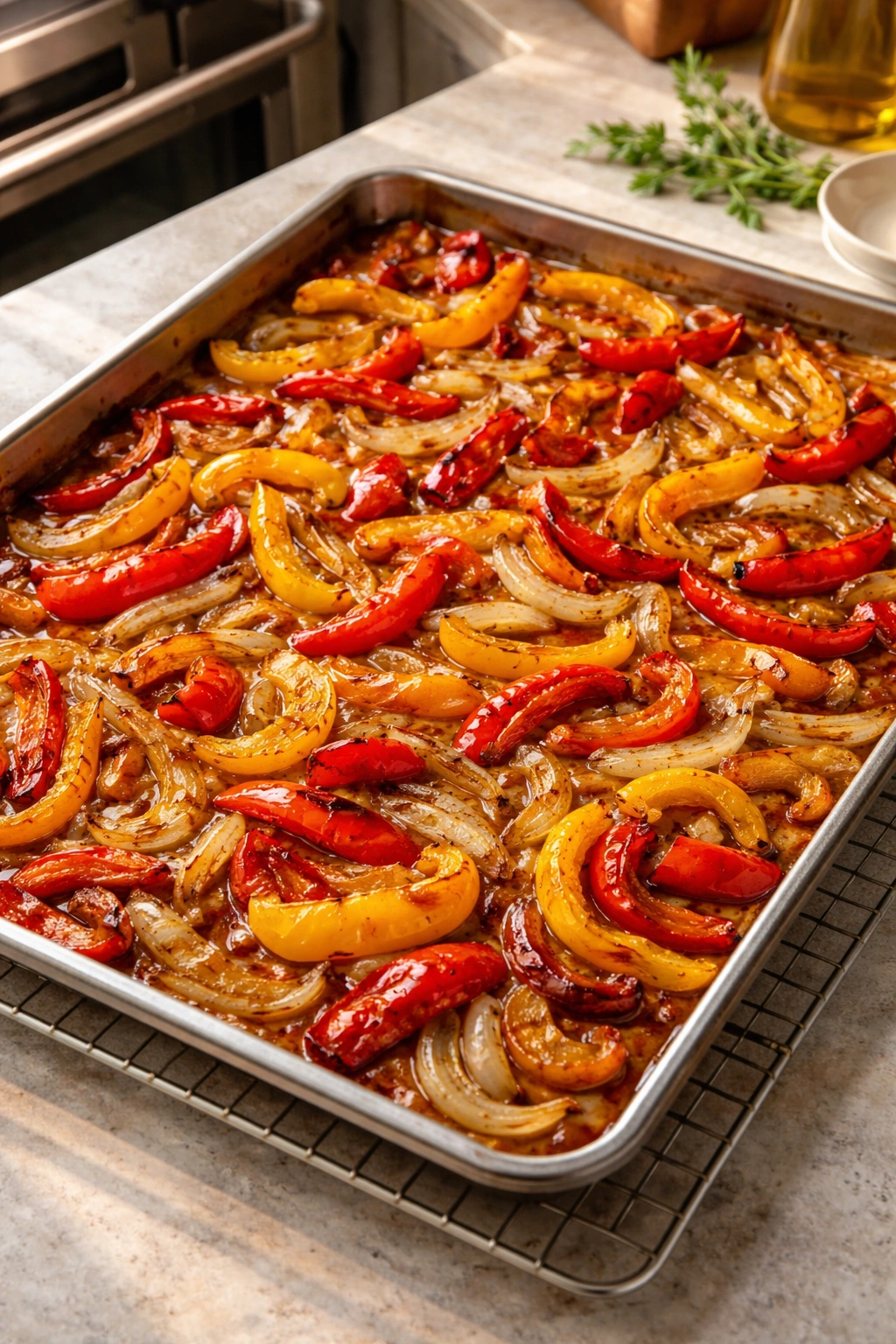 Close-up of caramelized peppers and onions on a sheet pan