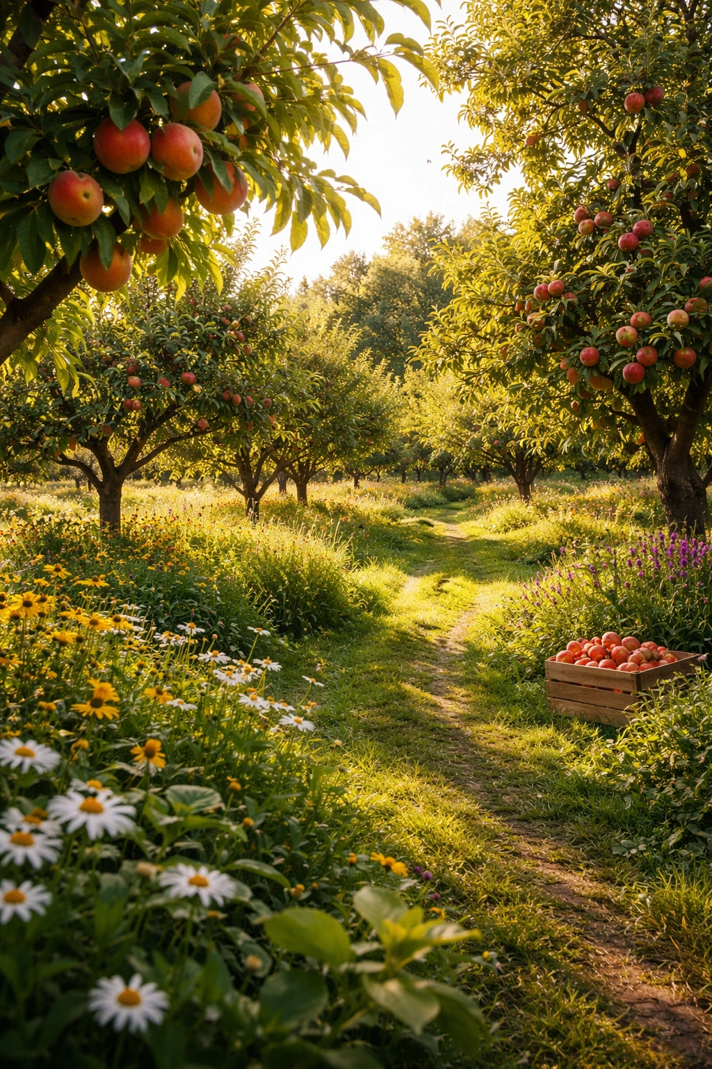 Lush fruit orchard in sunlight showcasing sustainable growing