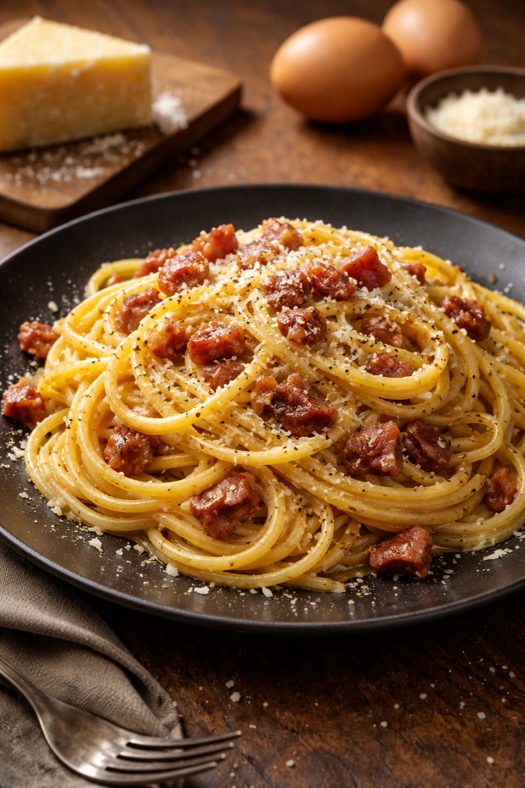 Carbonara pasta with pancetta and eggs, creamy emulsion