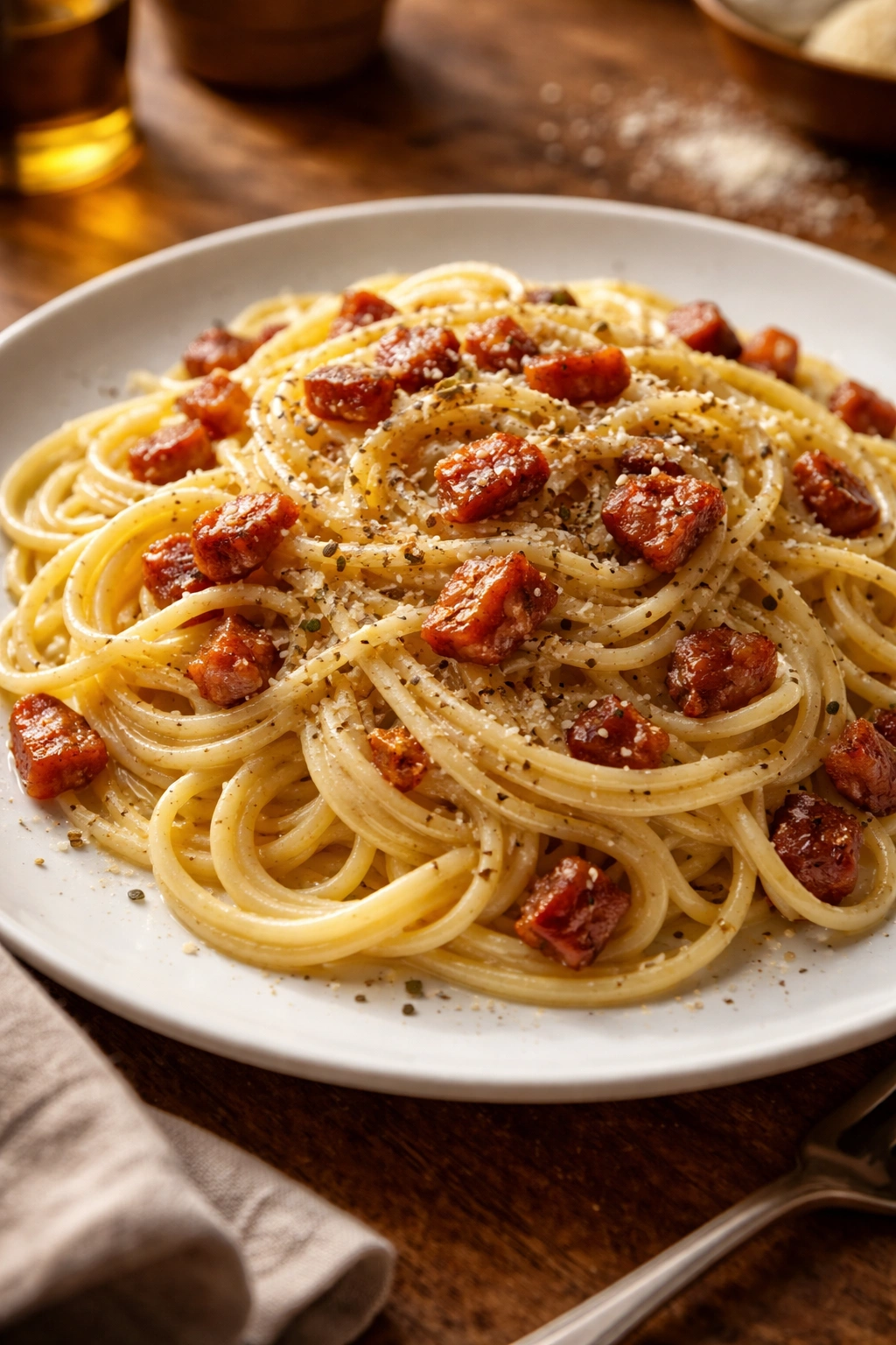 Close-up of Spaghetti Carbonara with Crispy Pancetta on plate with creamy sauce